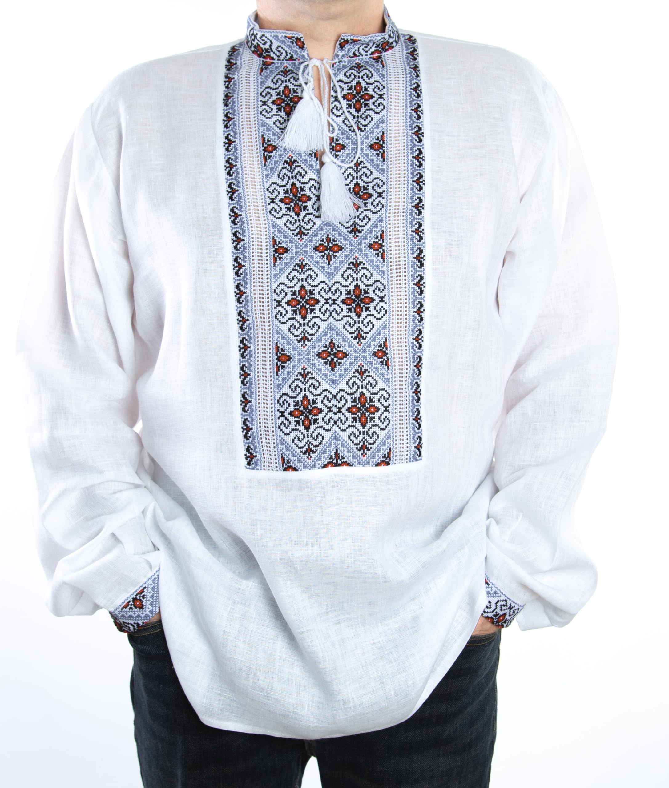 HAND Mens White VYSHYVANKA LINEN SHIRT Red Black Embroidered XL FATHER'S DAYSALE