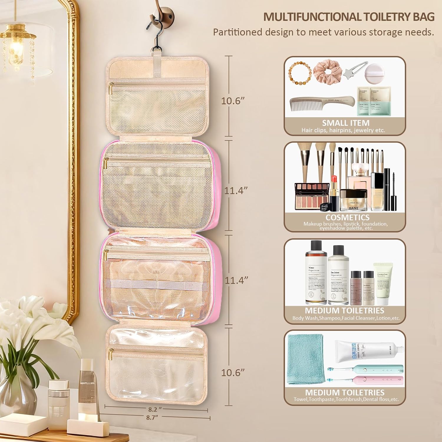 Hanging Toiletry Bag for Women, Waterproof Makeup Cosmetic Bag, Glittery Toiletries Organizer for Travel Accessories, Travel Essentials, Large Capacity (Pink Bling Sparkly) image 2