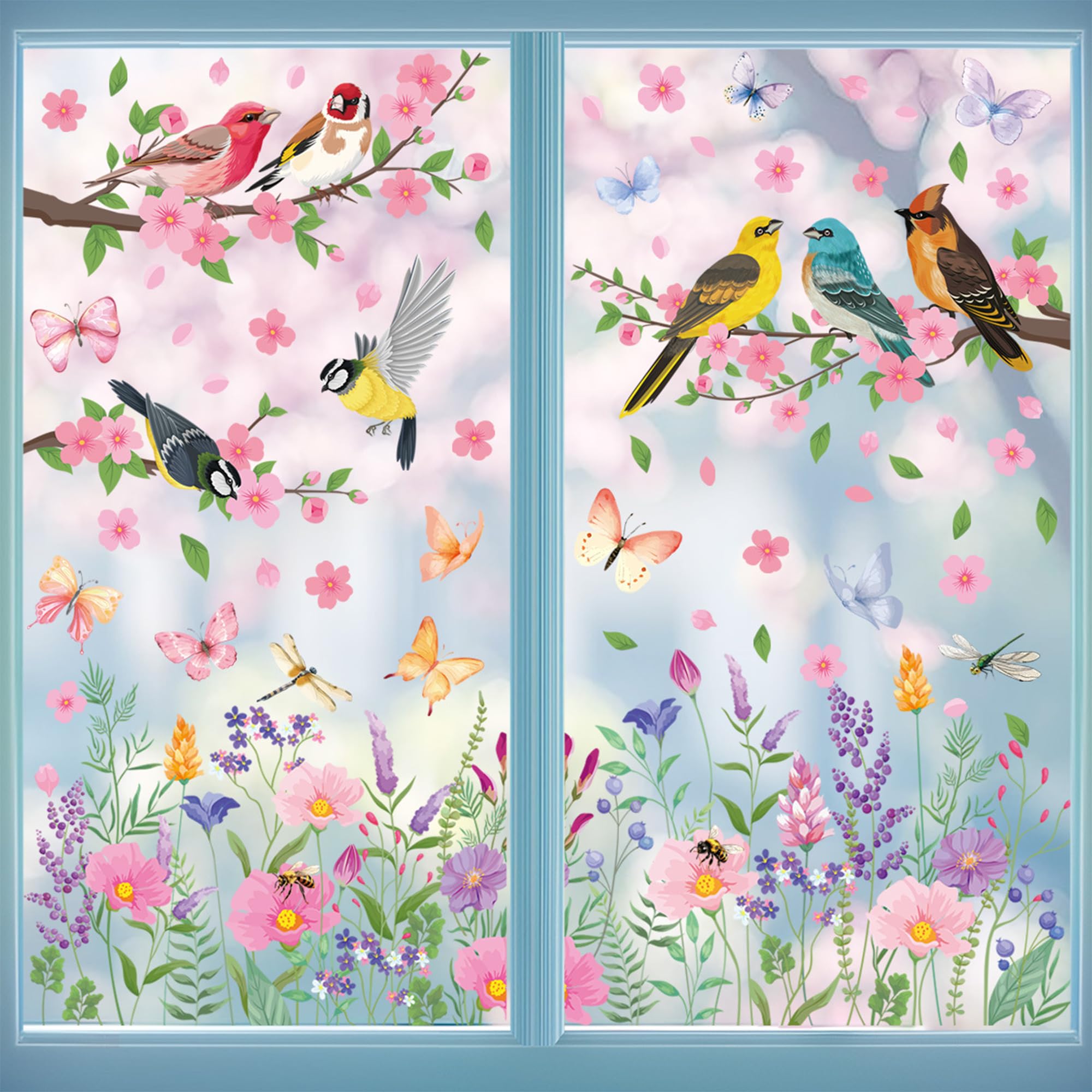 Window Stickers Static Cling Reusable, 9 Sheets Double Sided Spring Flower Bird Design, No Adhesive Window Decals for Home Decor & Party Decoration