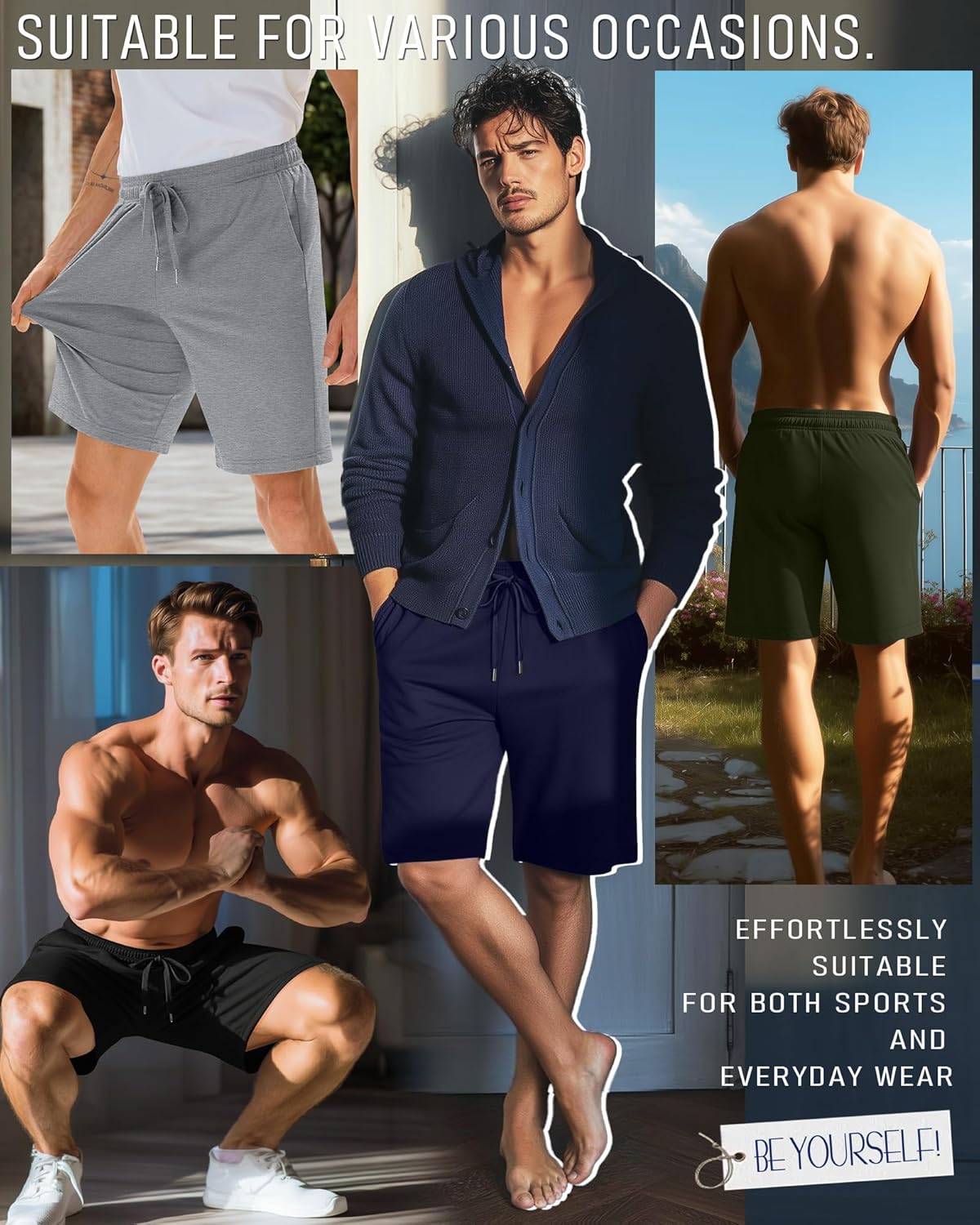 4 Pack Men‘s Athletic Shorts Pockets 9 Inch Sweat Summer Elastic Waist Workout Sports Gym Loose Fit Pants Clothes