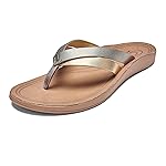 OLUKAI Kaekae Women's Beach Sandals, Full-Grain & Metallic Leather Flip-Flop Slides with Wet Grip Soles, Lightweight & All-Day Comfort, Silver/Golden Sand, 7