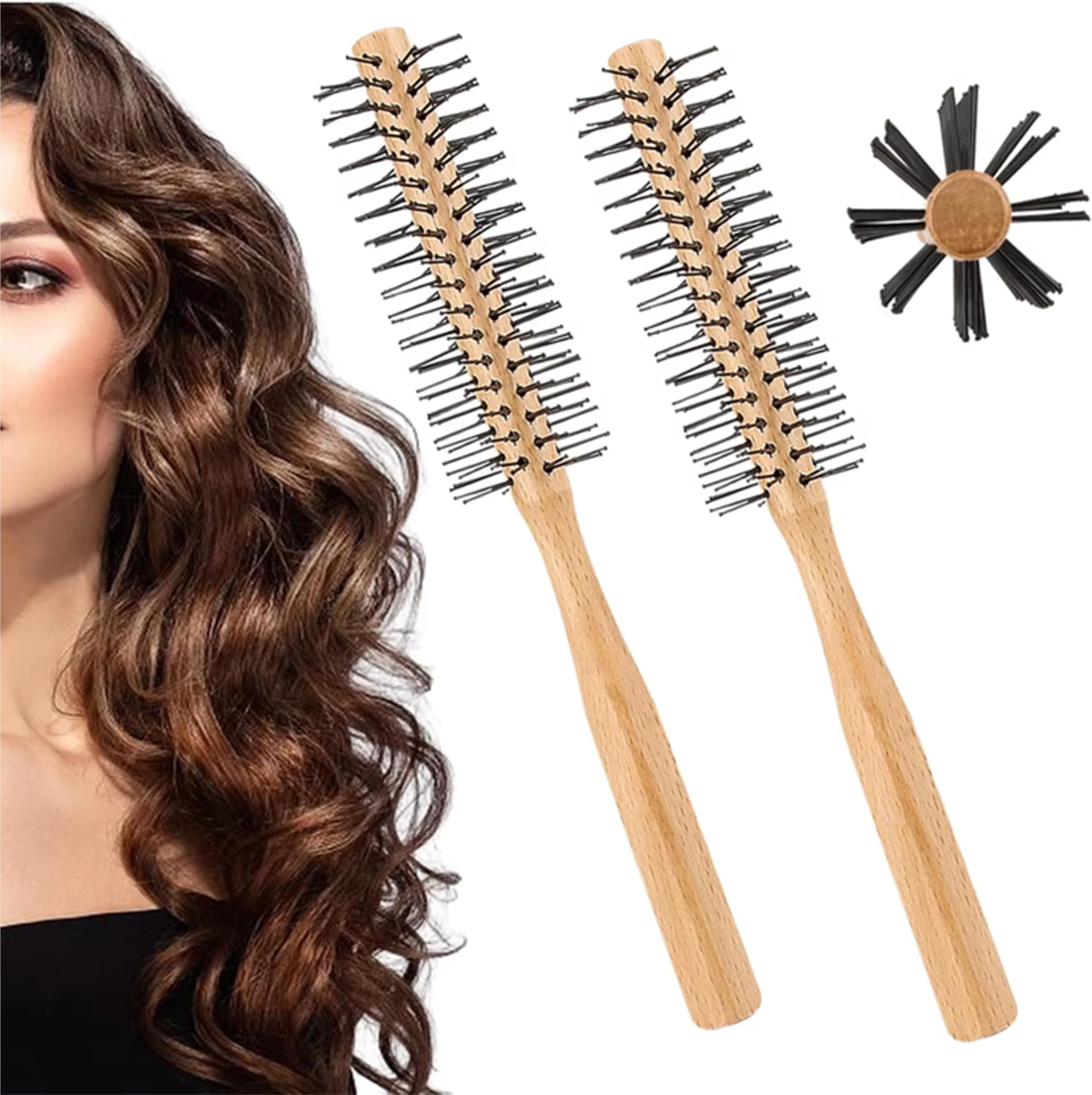 Round Hair Wooden Small Barrel Hair Brush for Short Hair Brush Barrel Brush Mini Quiff Roller Hair Comb Best for Styling Ideal Men Women Hair Style for Detangling Curling Thin Hair (Pack 2)