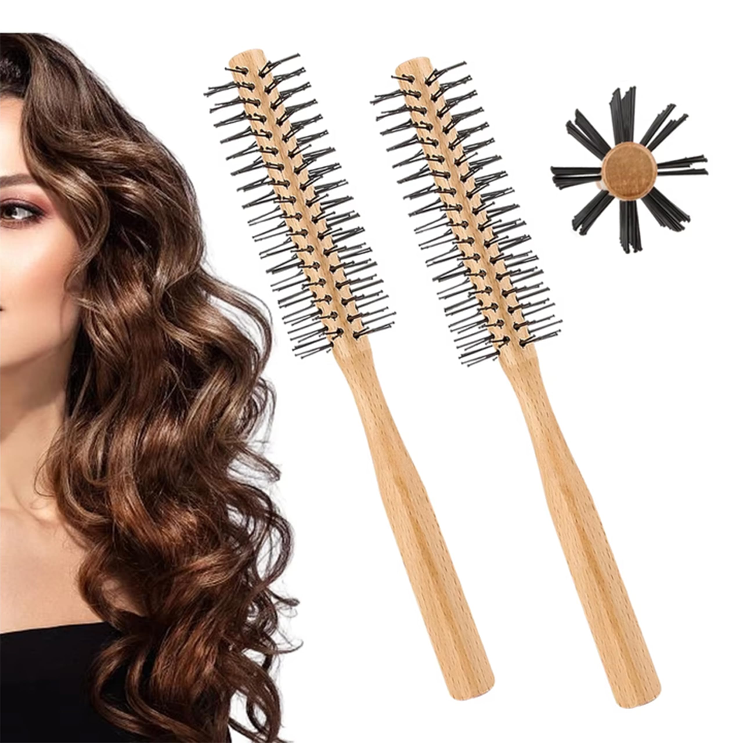 Round Hair Wooden Small Barrel Hair Brush for Short Hair Brush Barrel Brush Mini Quiff Roller Hair Comb Best for Styling Ideal Men Women Hair Style for Detangling Curling Thin Hair (Pack 2)