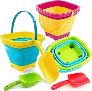 Sloosh 3 PCS Foldable Buckets with 3 Shovels Sand Bucket Water Bucket Sandbox Square Summer Party Foldable Pail Bucket Silicone Collapsible Bucket Kids Beach Toys Travel (Yellow/Blue/Green)