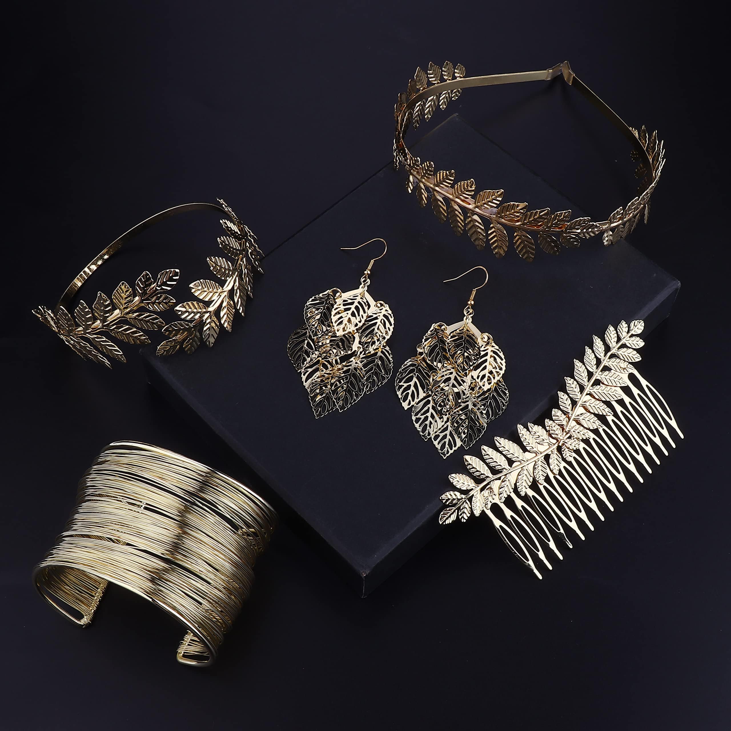 ORAZIO 6 Pezzi Costume Dea Greca Accessori Donna Gioielli Capelli Corona Alloro Bracciale Braccio Orecchini Copricapo Boho per Donne in Festa di Matrimonio Laurea Halloween