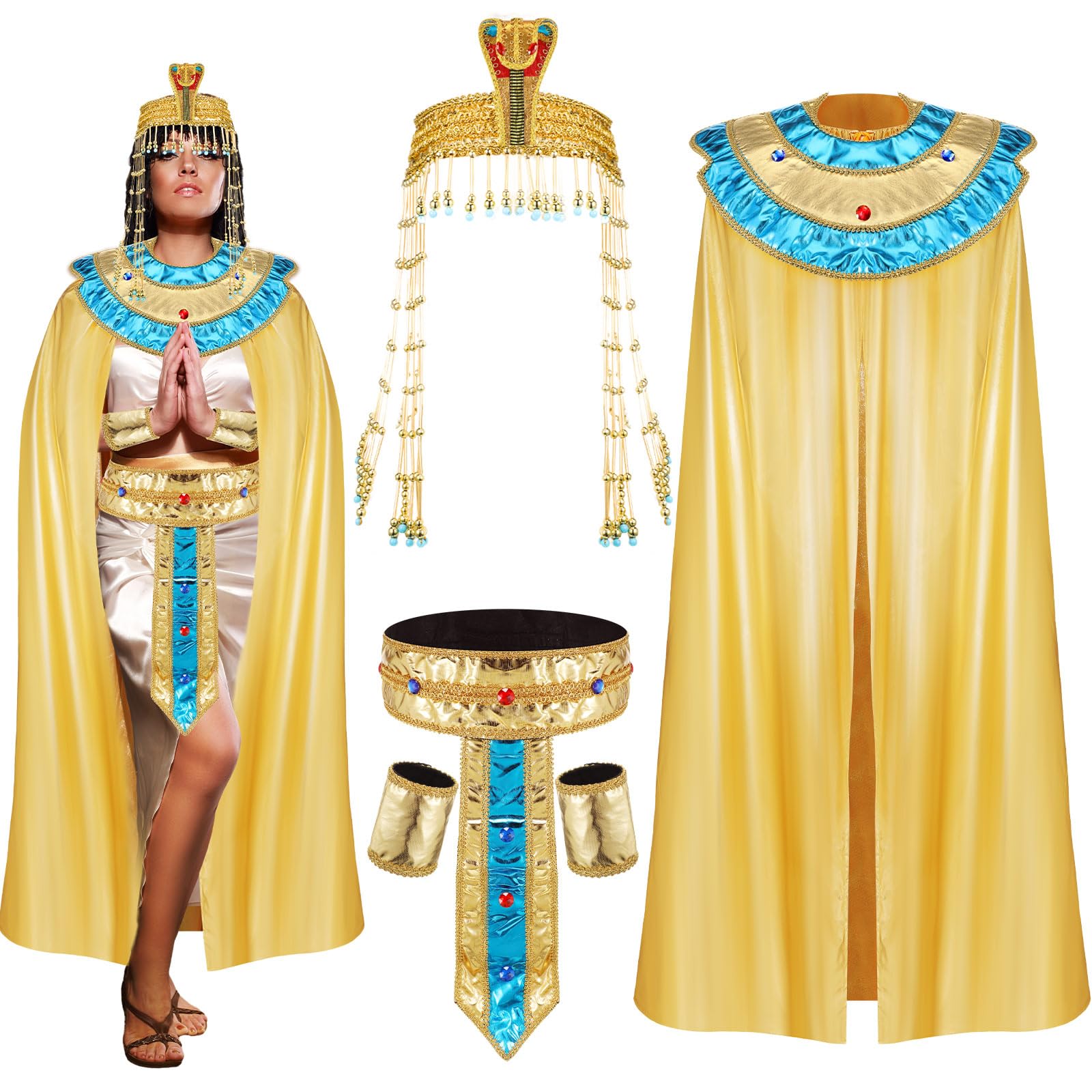 Ramede Halloween Women's Egyptian Costume Includes Full Length Cloak Egyptian Belt Egyptian Collar Wristbands Beaded Headpiece