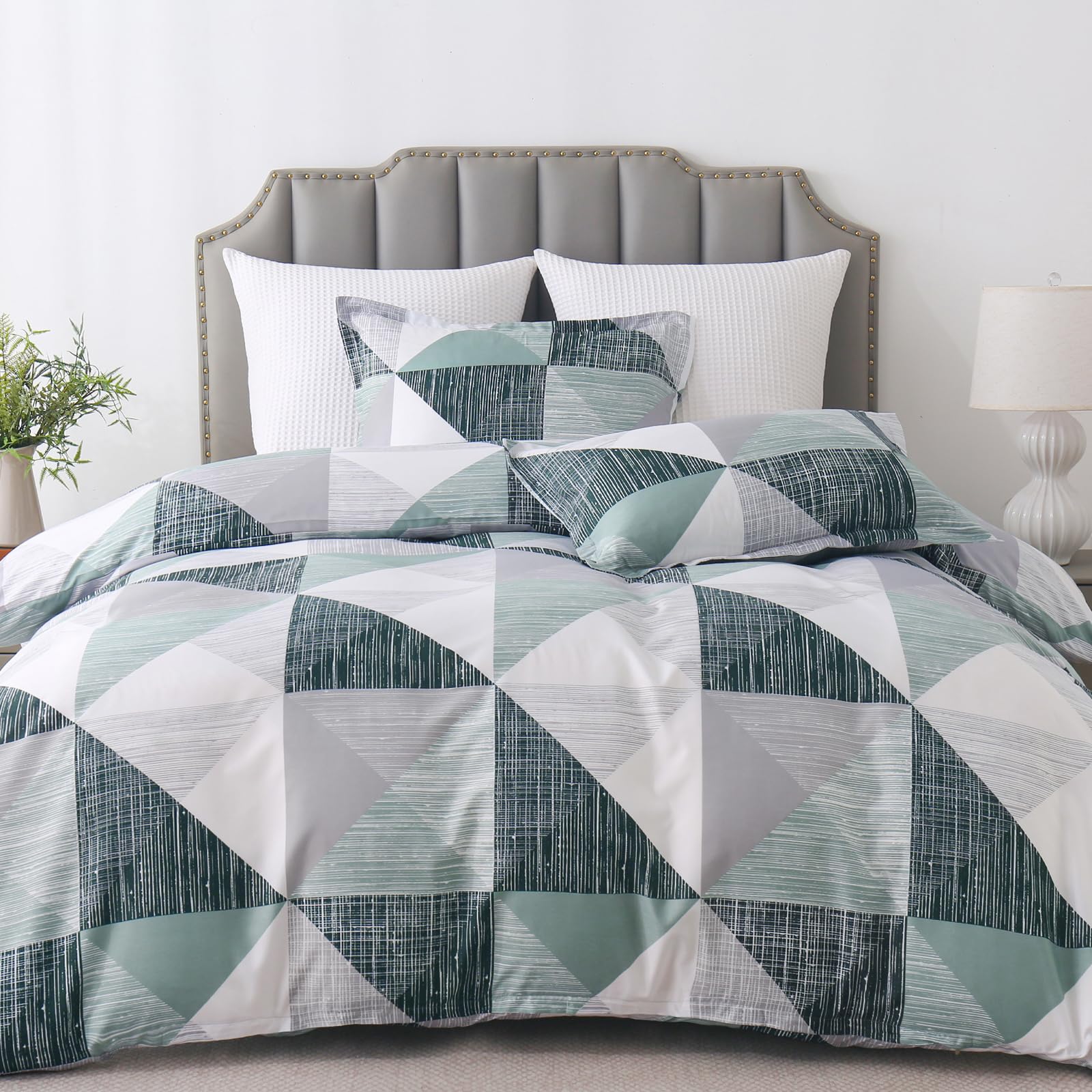 WONGS BEDDING Duvet Cover Set King Size Geometry Beddding Set with pillowcases for Teens Adults Soft Microfiber Polyester Geometry Quilt Set, Green, 220x230cm