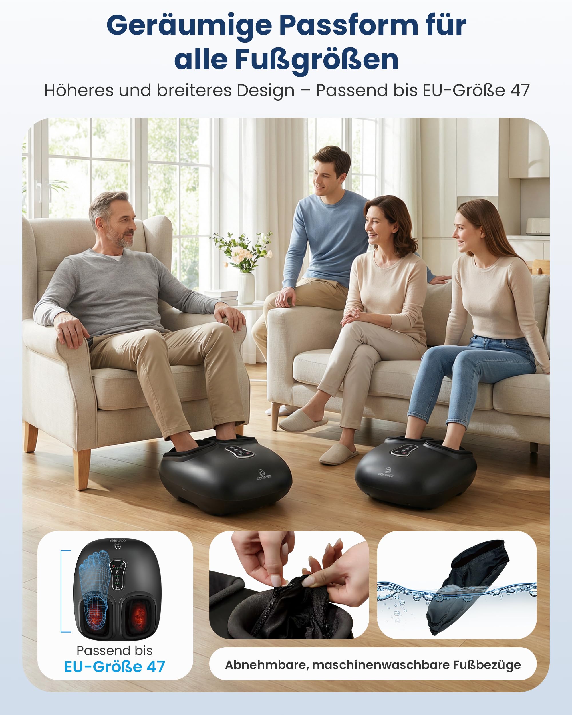 COMFIER Fußmassagegerät, Shiatsu Fussmassagegerät Elektrisch | 3D Kneten, Rollen und Luftkompression, Vibration, 3 Wärmestufen, passend bis Schuhgröße EU 47, Geschenk für Frauen und Männer