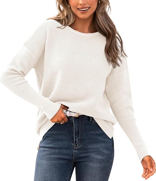 BTFBM Fall Sweaters for Women 2025 Casual Long Sleeve Sweater Striped Loose Fit Pullover Tops