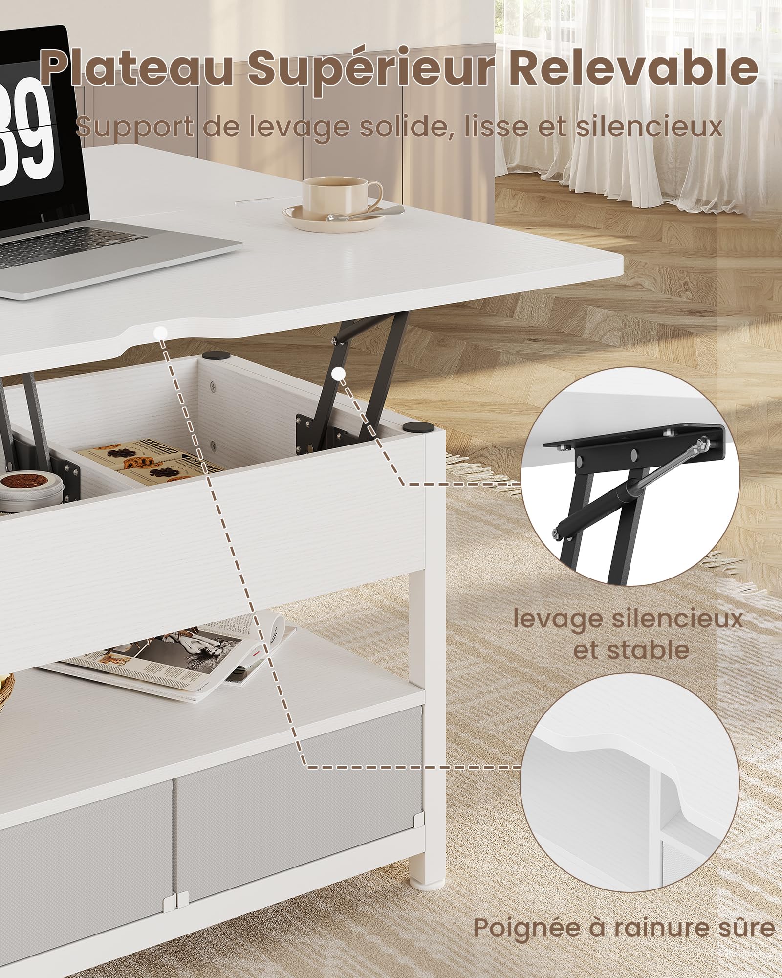 KIMENICH Table Basse Relevable, Table à Manger avec Plateau Pliant, avec 2 Tiroirs, avec Étagère de Rangement et Compartiment Caché, Tables Basse Extensible 3 en 1 pour Salon, Bureau (Blanc)