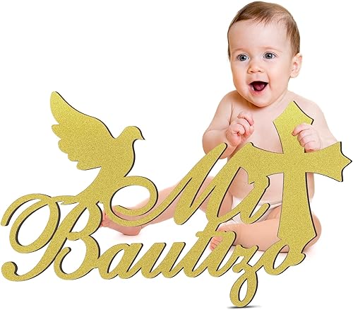 Mi Bautizo - Letrero de madera con purpurina para colgar en la pared, decoración de baby shower, accesorios de primera comunión para suministros de