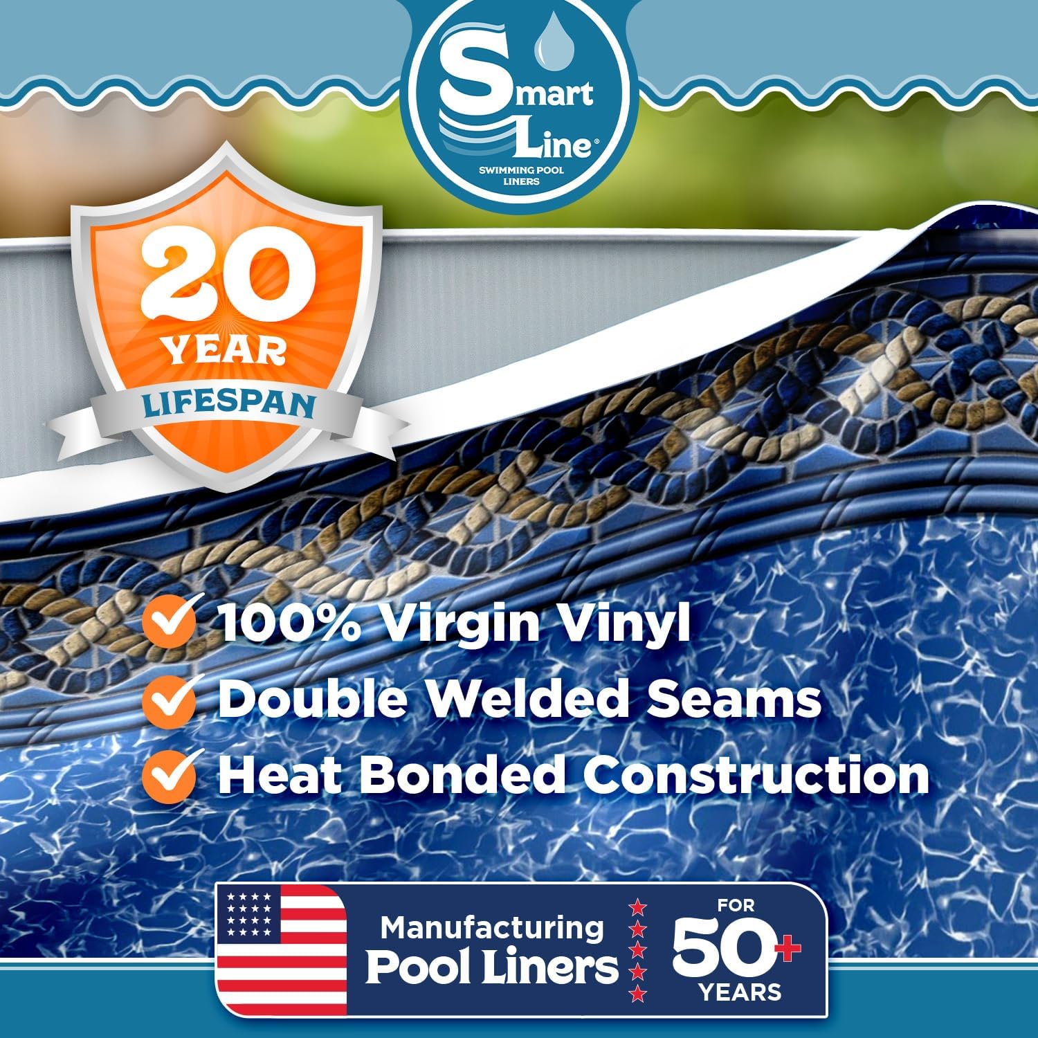 Smartline 12 ft x 20 ft Rectangle Swimming Pool Liner | Mystri Gold | Beaded Style | 4 Foot Flat Bottom | 20 Gauge Heavy Duty Virgin Vinyl | Designed for Kayak Swimming Pools
