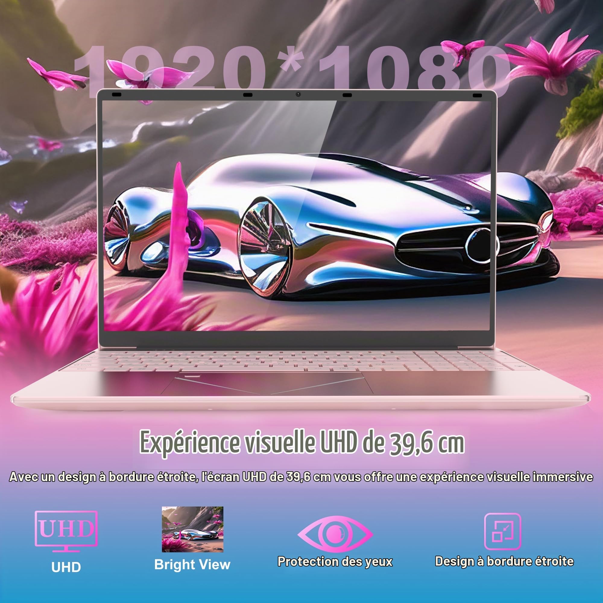PINSTONE Ordinateur Portable 15,6 Pouces Rose, 16 Go DDR4 RAM, 512 Go SSD