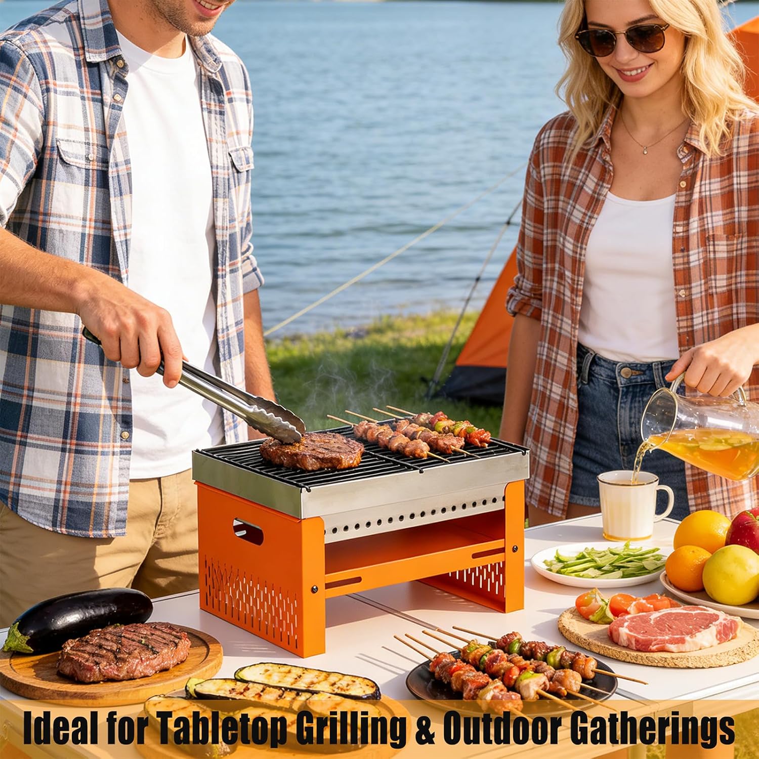 Portable Charcoal Grill, Small Tabletop BBQ, Foldable Mini Hibachi, Stainless Steel Camping Grill, Compact Outdoor Cooker for Picnic, Tailgating Chac Grl 002P (Orange)