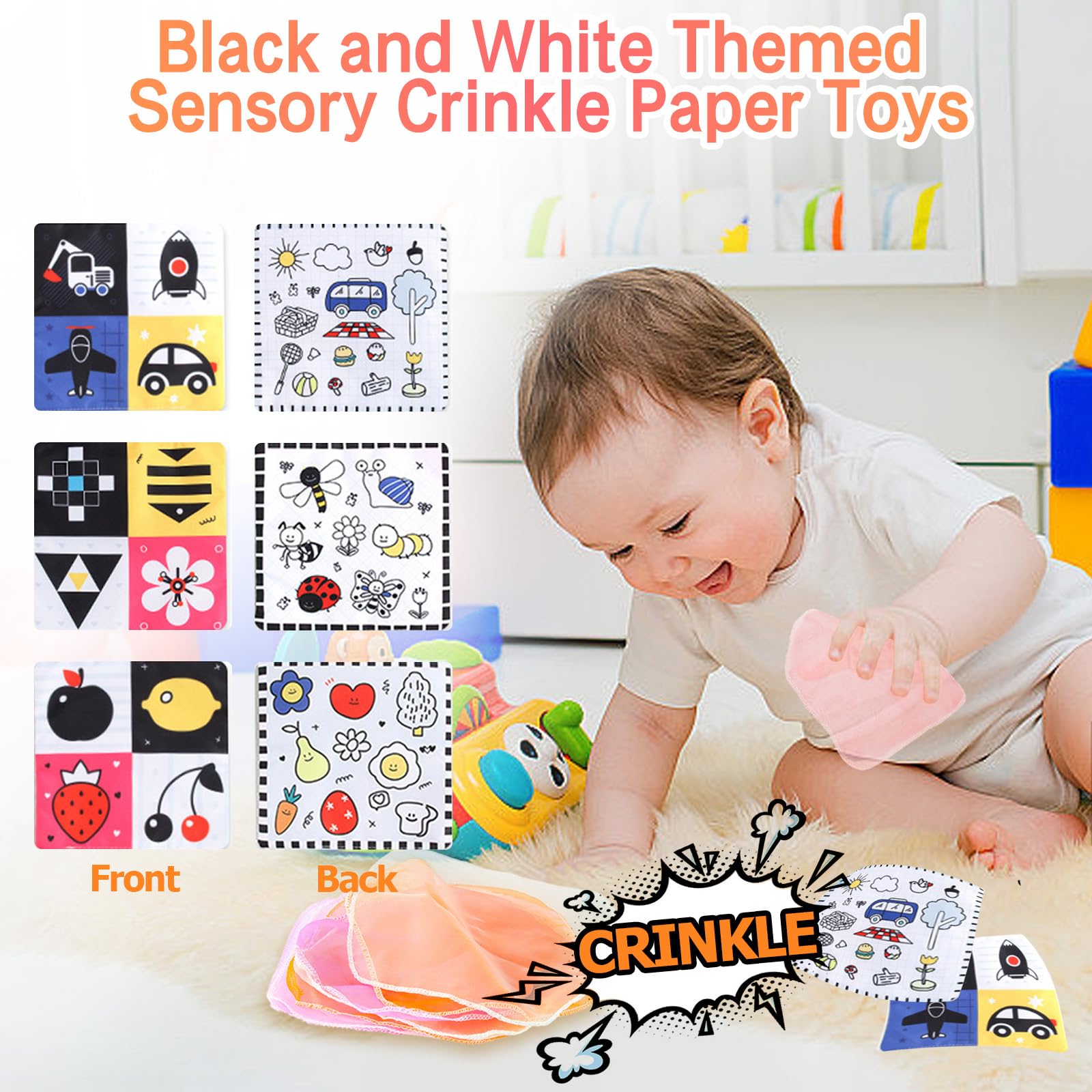 19 Pc Baby Sensory Set - Black & White Sensory Toys with Foil Blanket, Baby Scarves, Feather, Cheerleading Pom Poms & Crinkle Toys - Image 3