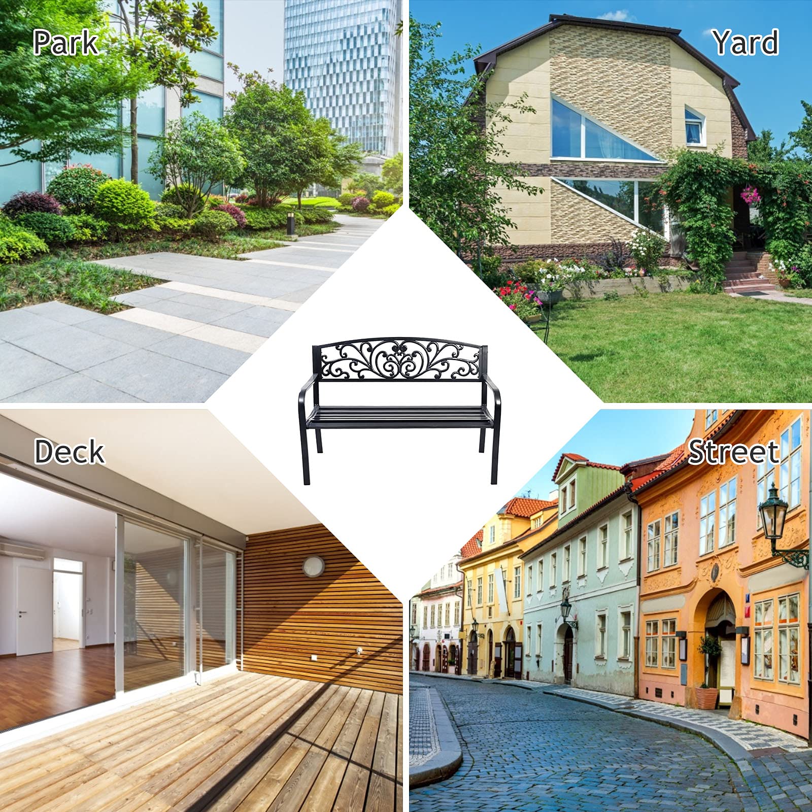 RELAX4LIFE Banc de Jardin Extérieur pour 2-3 Personnes, Banc de Jardin Fer Forgé Résistant avec Dossier Incliné, Accoudoirs Arrondis, Pieds Robustes, pour Terrasse Parc Pelouse, Noir