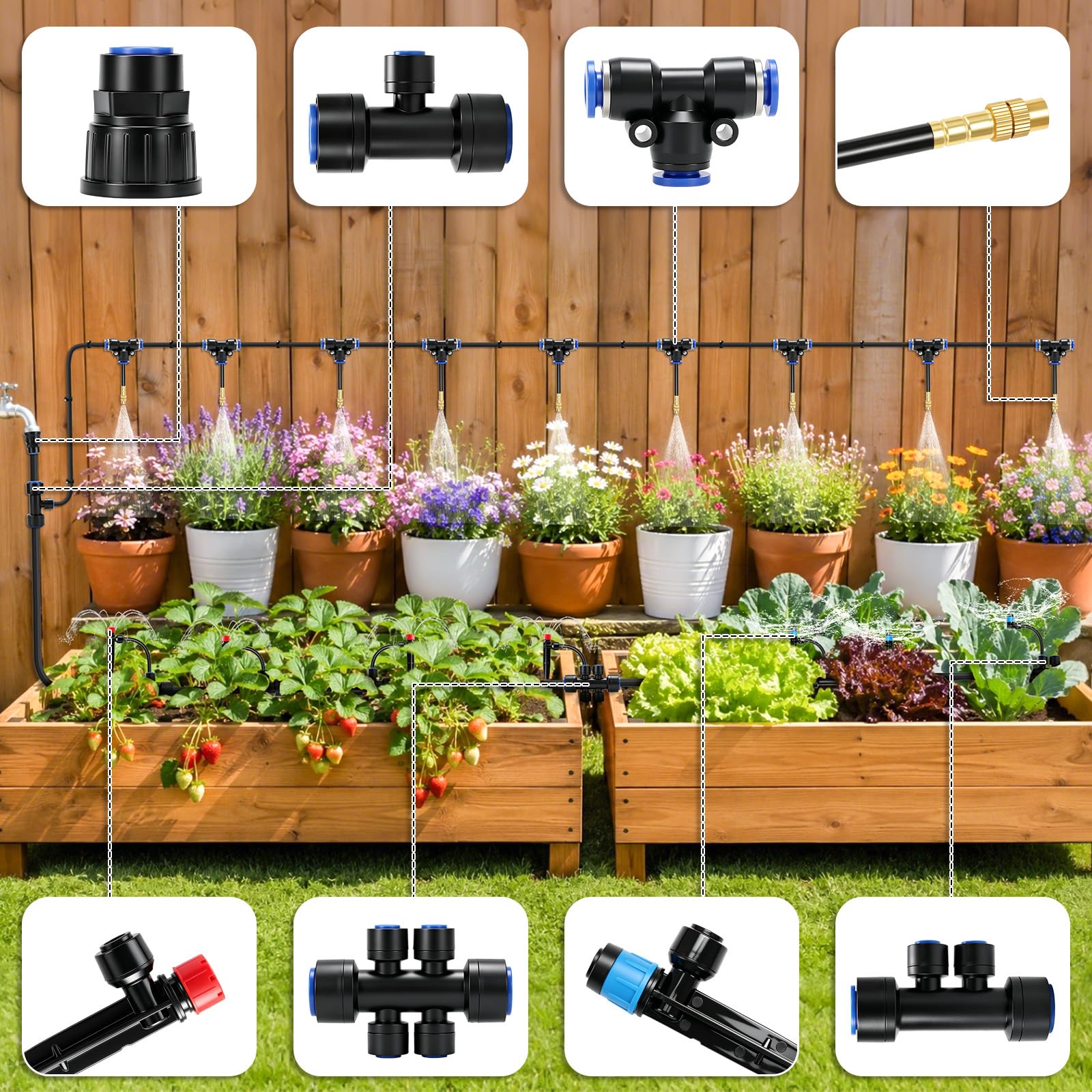 Sistema de riego automático de 360 ° para jardín, 30 m, 20 emisores con estaca + 10 boquillas de cobre ajustables, 12 mm+6 mm, sistema de riego por goteo y sistema de refrigeración por niebla para