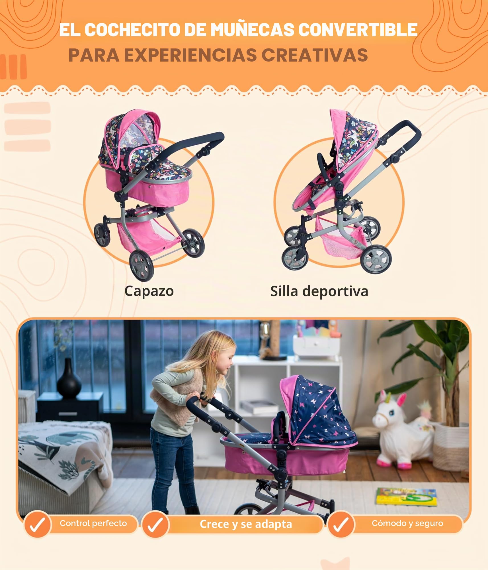 Bayer Chic 2000 - Cochecito de muñecas Mika, 2 en 1 para niños de 4 a 8 años, Azul Vaquero, niños