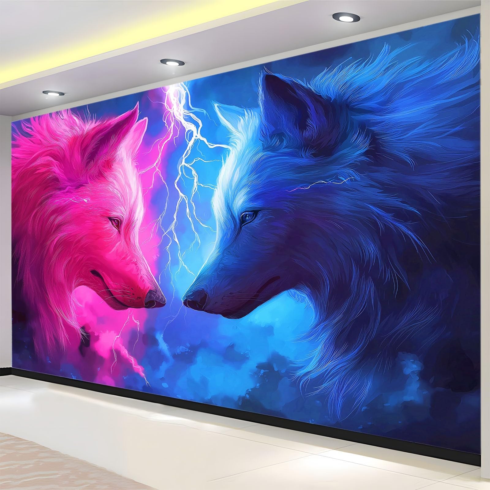 Générique Panoramiczna tapeta fantazyjne zwierzęta wilk błyskawica niebieski puder plakat ścienny z włókniny 350 x 256 cm dekoracja ścienna do salonu, sypialni, biura i tła telewizora