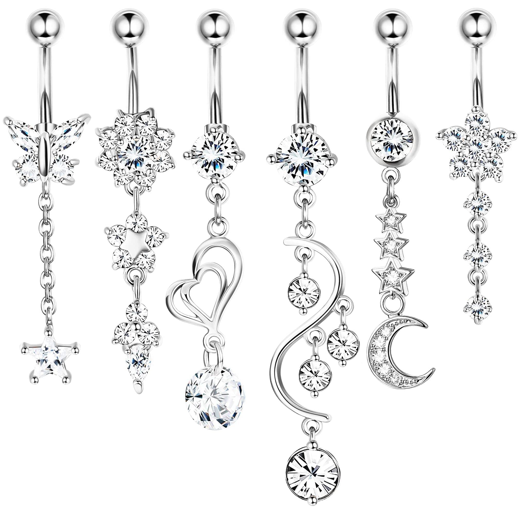 Finrezio 6 Piezas 316L Acero Quirúrgico 14G Piercing para Ombligo Anillos para Mujeres Piercing Ombligo Vientre Dangly Helix Piercing Zircon Series Set Curved Body Piercing Jewelry