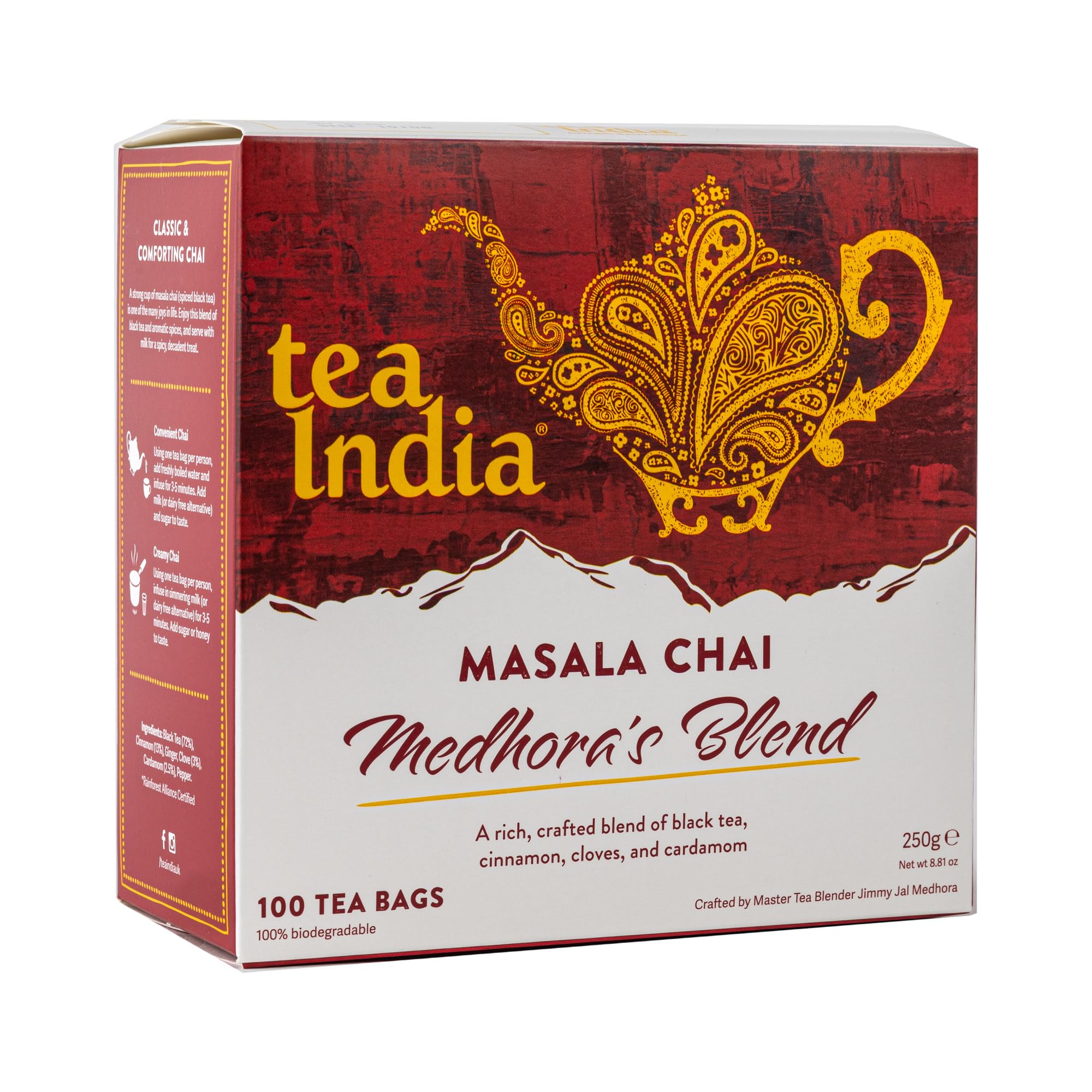 Tea IndiaMedhora's Blend Masala Chai Tea Bags (100 Chai Tea Bags Bulk) Rainforest Alliance Certified | Biodegradable | Masala Chai Spiced Chai Blend of Black Tea, Ginger Tea, CinnamonRainforest AllianceRainforest AllianceRainforest AllianceRainforest Alliance