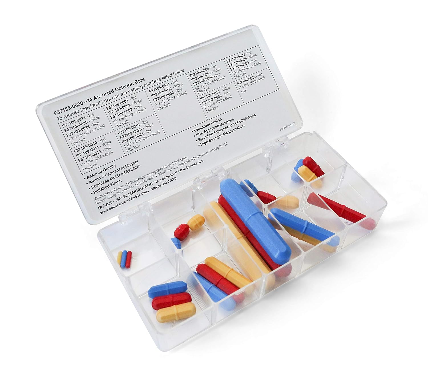 SP Bel-Art Spinbox Teflon Round Magnetic Stirring Bar Assortment (Pack of 22) (F37183-0000) Made in USA