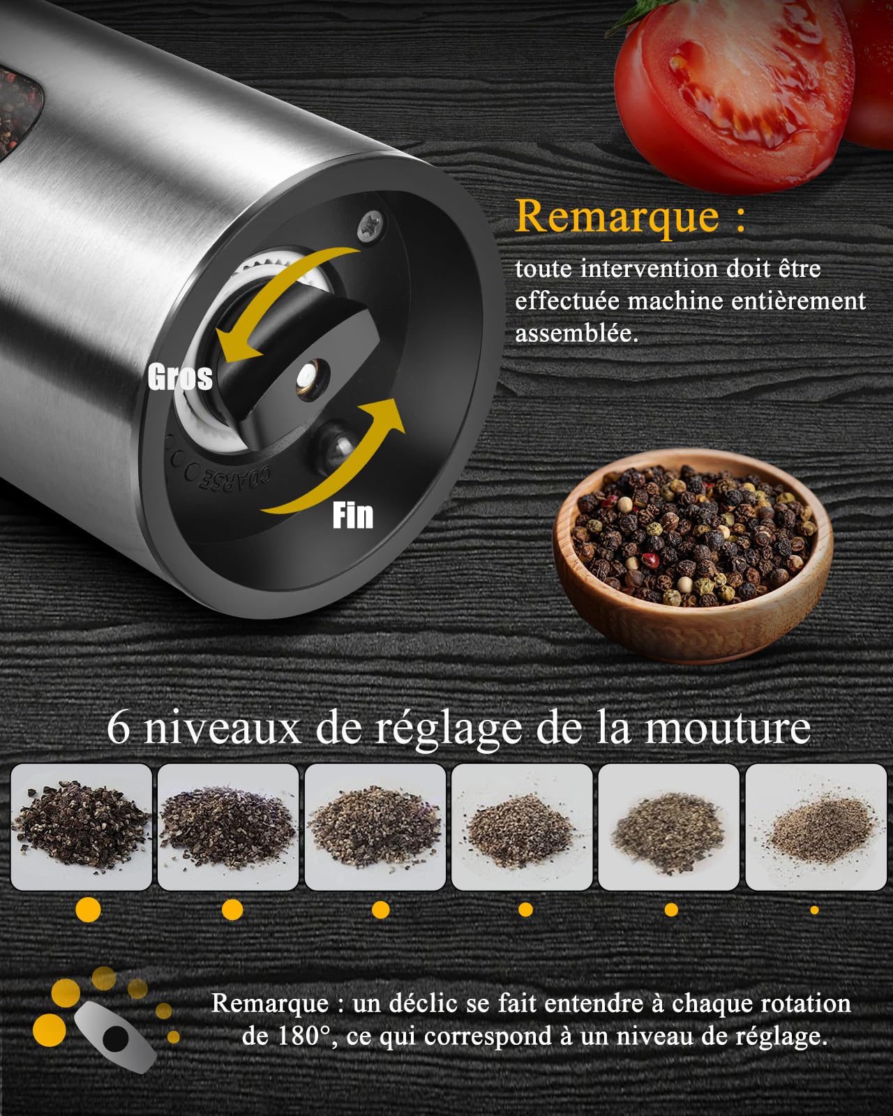 Ensemble de Moulins à Sel et Poivre Électriques Tomentific avec Socle de Rangement, Moulins en Acier Inoxydable avec Réservoir Lavable, Lumière LED Blanche, Réglage Externe de la Mouture