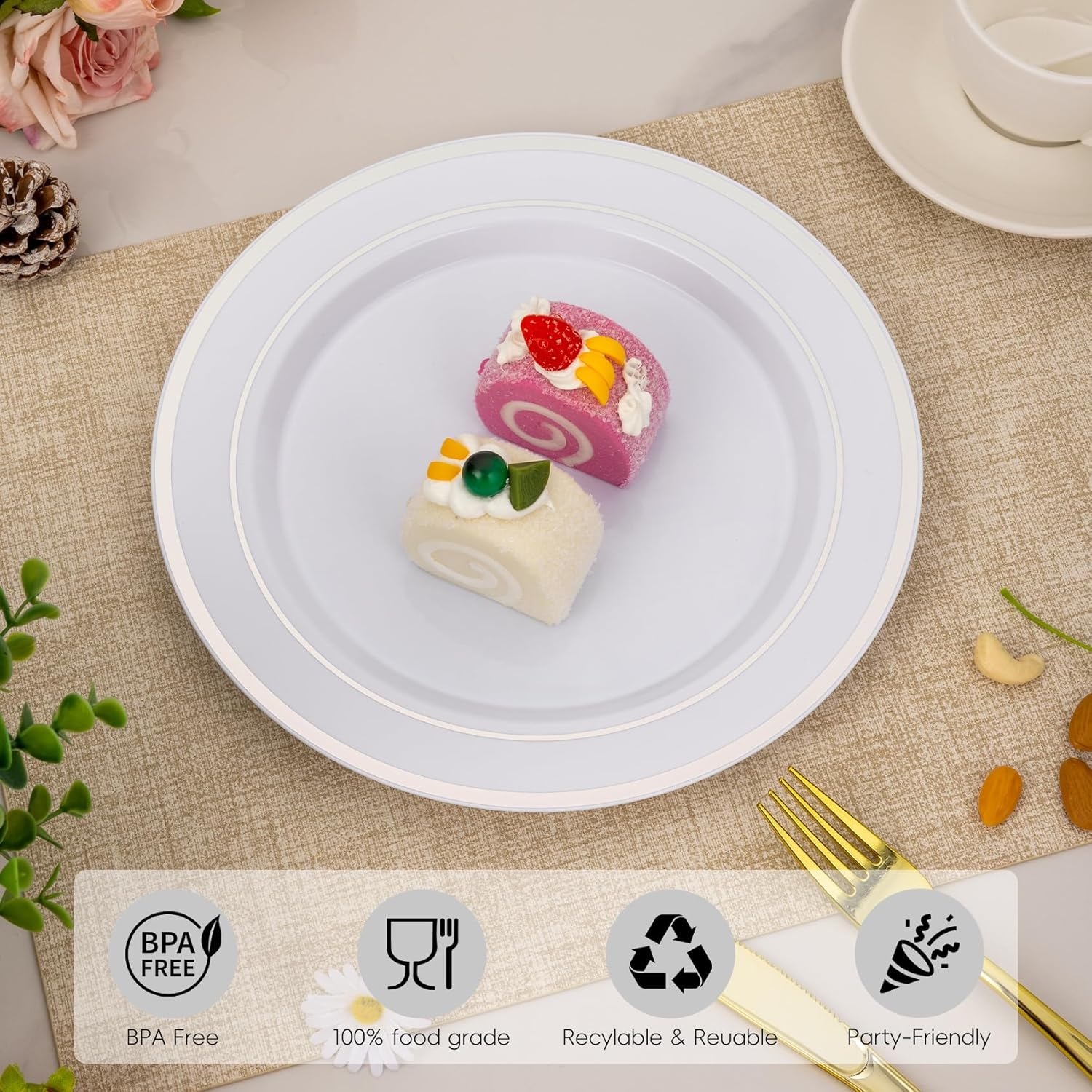 Goodluck 100PCS Silver Plastic Plates, 10.25 Inch Dinner Plate with Silver Rim, Heavy Duty Disposable Plastic Plates for Party, Wedding, Birthday & Daily Use - Image 5