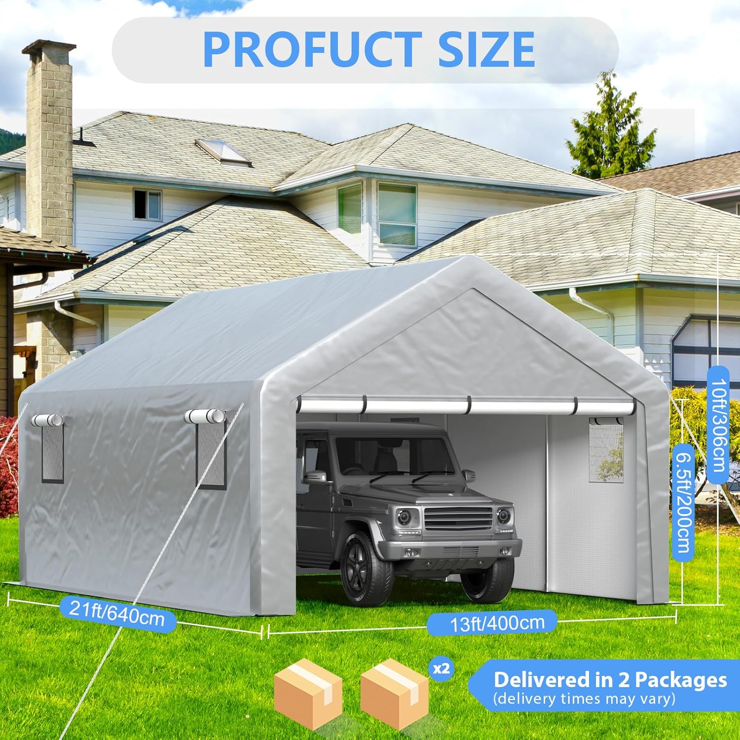 Jocoevol Carport 13x21 FT Enclosed Carport with Roll-up Windows, Portable Garage with Removable Sidewalls & Doors, Car Canopy Tent with Sandbags All-Season Tarp for Car Boat Truck Motorcycle