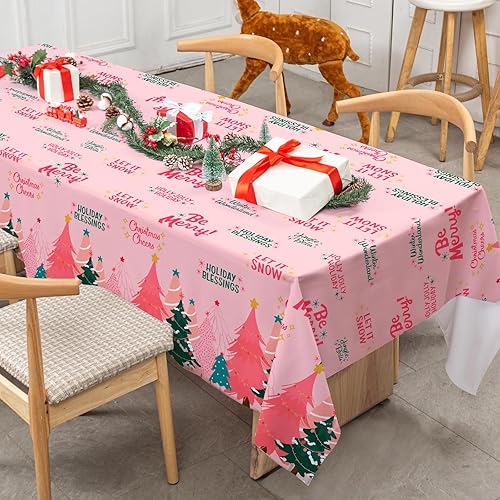 Miniatura 4 de AnyDesign - Mantel rectangular de Navidad rosa con árboles de Navidad, mantel lavable para vacaciones de invierno, picnic, comedor, 60 x 104 pulgadas