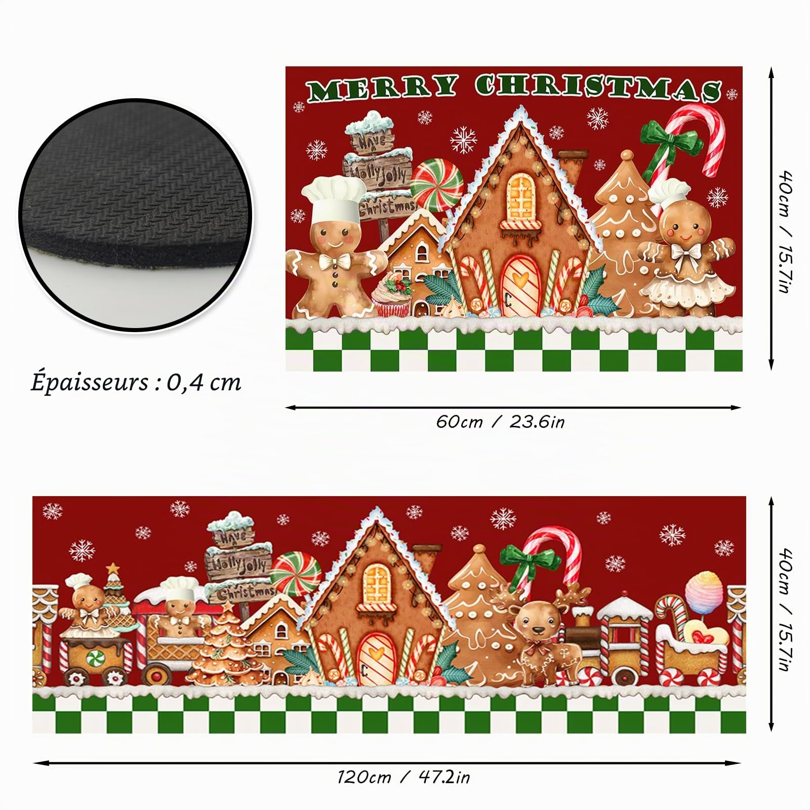 AIBIIN Tapis de cuisine Noël antidérapant caoutchouc bonhomme pain d'épices 40x60 40x120 cm 2 pièces