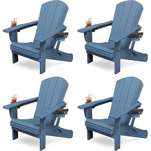 KINGYES Folding Adirondack Chair Set of 4, Dual Cup Holders & All-Weather HDPE, Wood-Like Patio Chair for Backyard, Camping, Pool & Fire Pit, Navy