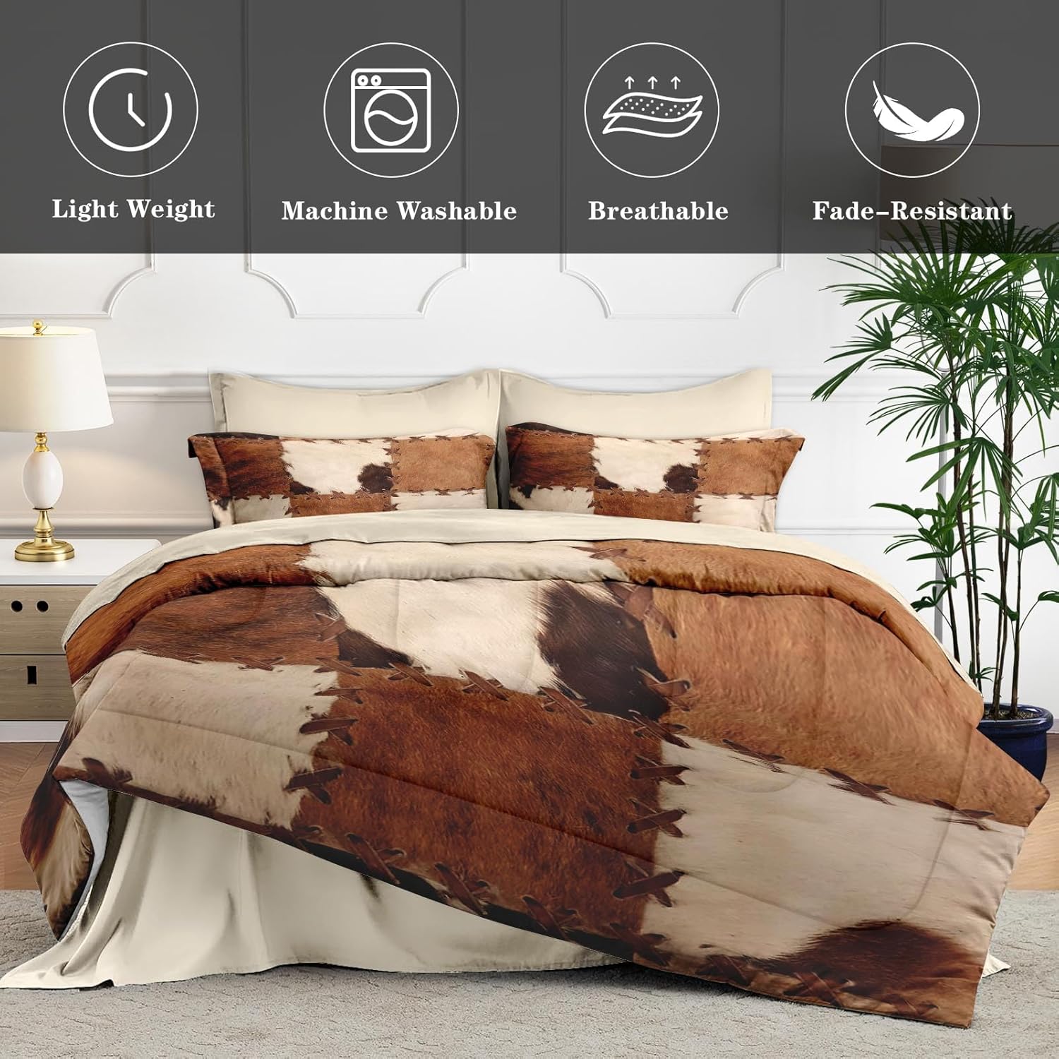 7 Pcs Queen Size Comforter Set with 2 Pillowcases & 2 Shams, Rustic Brown Cow Bedding for Kids and Adults, Vintage Retro Cowhide Print Bed in a Bag with Fitted Sheet - Image 4