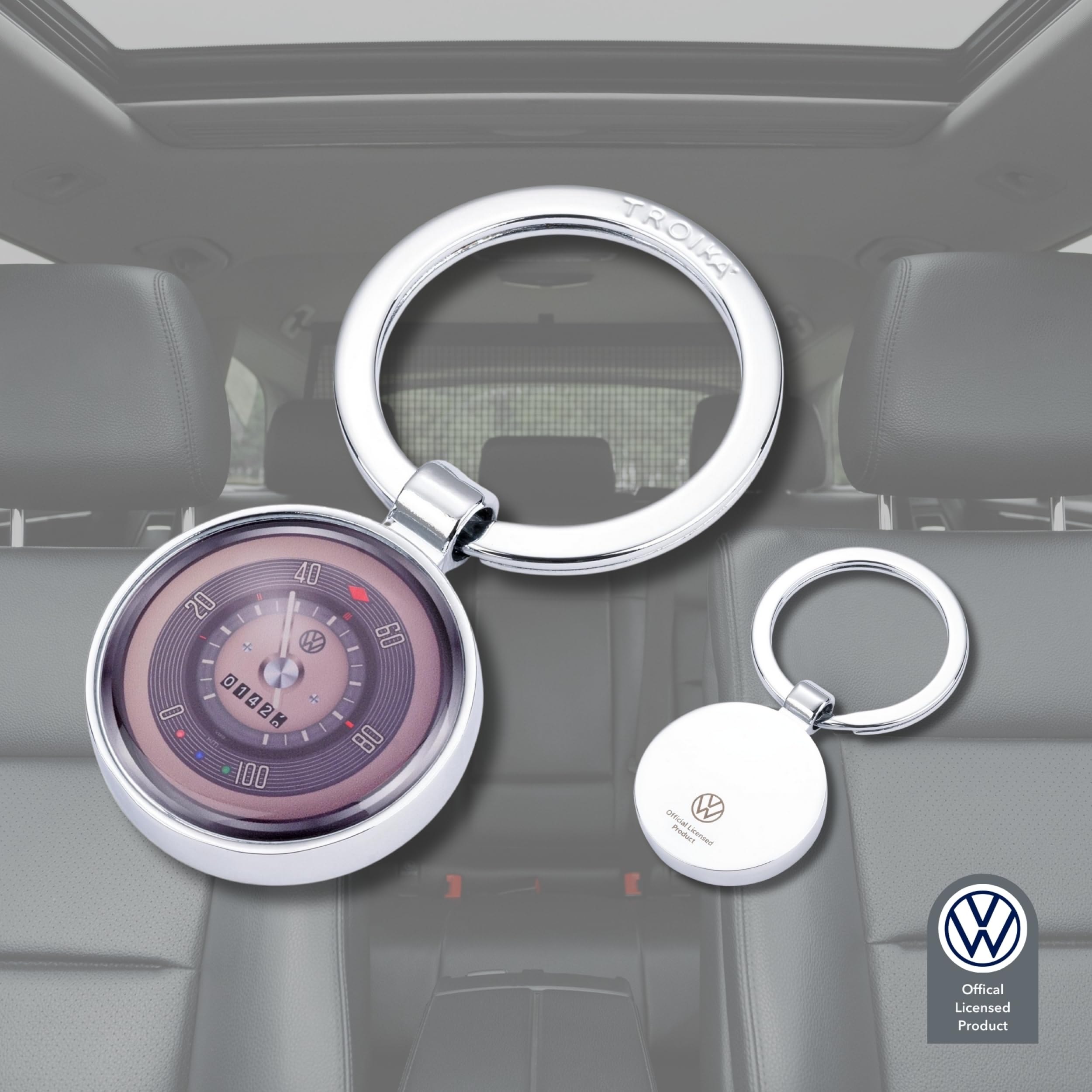 TROIKA Breloczek do kluczy T1 Volkswagen VW RETRO Tacho Design z emalii i odlewu metalowego, z kółkiem na klucze, chromowany, wielokolorowy i srebrny oryginalny, Wielokolorowy / srebrny, 6,7 x 3,5 x