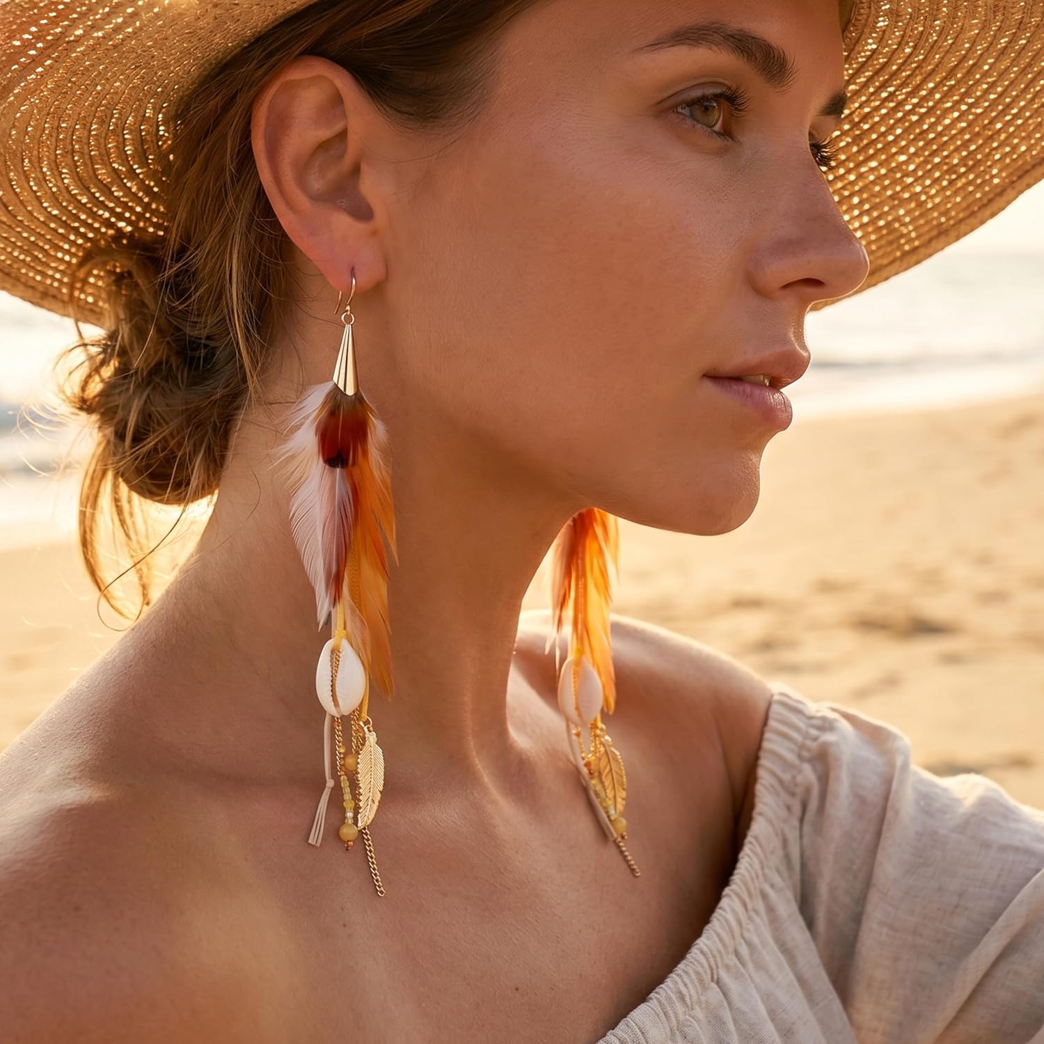Boho Feather Dangle Earrings for Women With Shell Beads Long Tassel Design Drop Earrings image 4