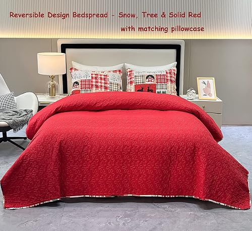 Miniatura 4 de Cozyholy Juego de Edredón de Navidad Twin de 2 Piezas, Edredón Reversible de Patchwork Rojo, Juego de Ropa de Cama de Navidad a Cuadros con Copo de