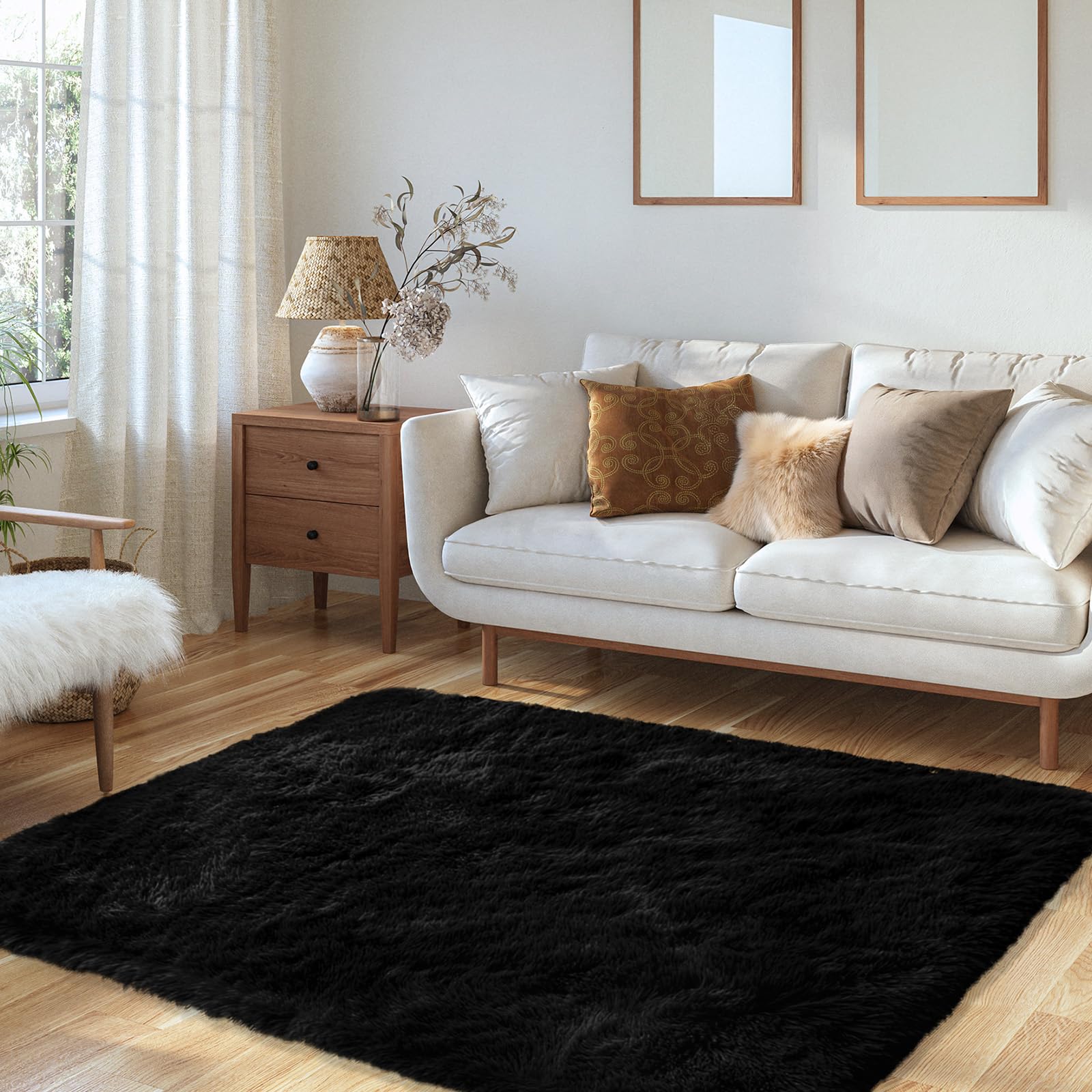 XSIVOD Alfombra mullida de pelo largo, color negro, lavable, 120 x 160 cm, para salón y dormitorio, antideslizante, moderna y suave para habitación infantil