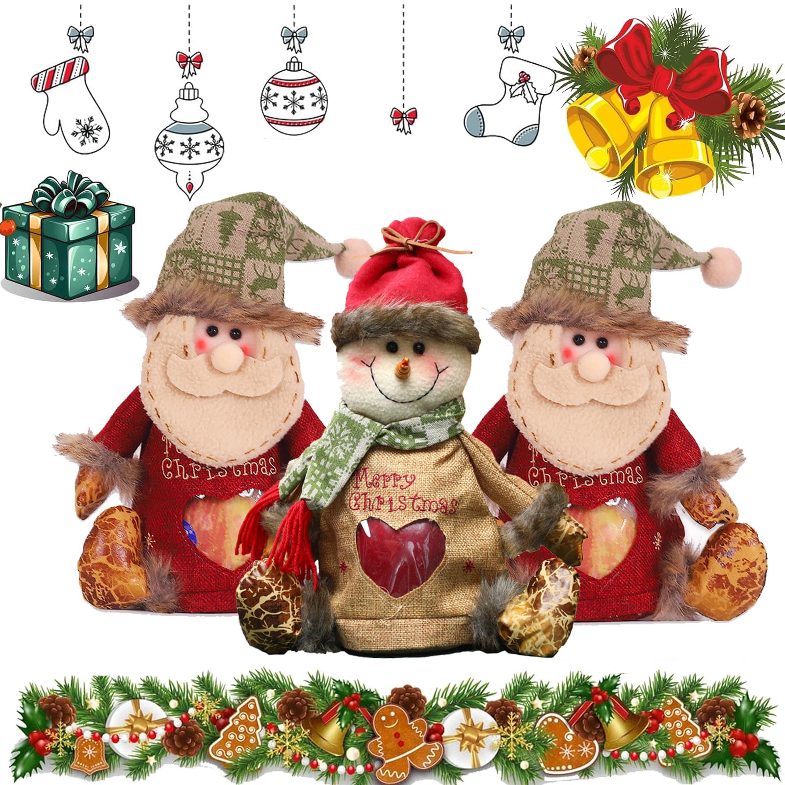 GLSAYZU Christmas Gift Bags Zipper Design, Christmas Gift Doll Bags, 3D Doll Decoration Gift Bag, Christmas Drawstring Gift bags, Christmas Candy Bags for Party and Festival (3PC-C)