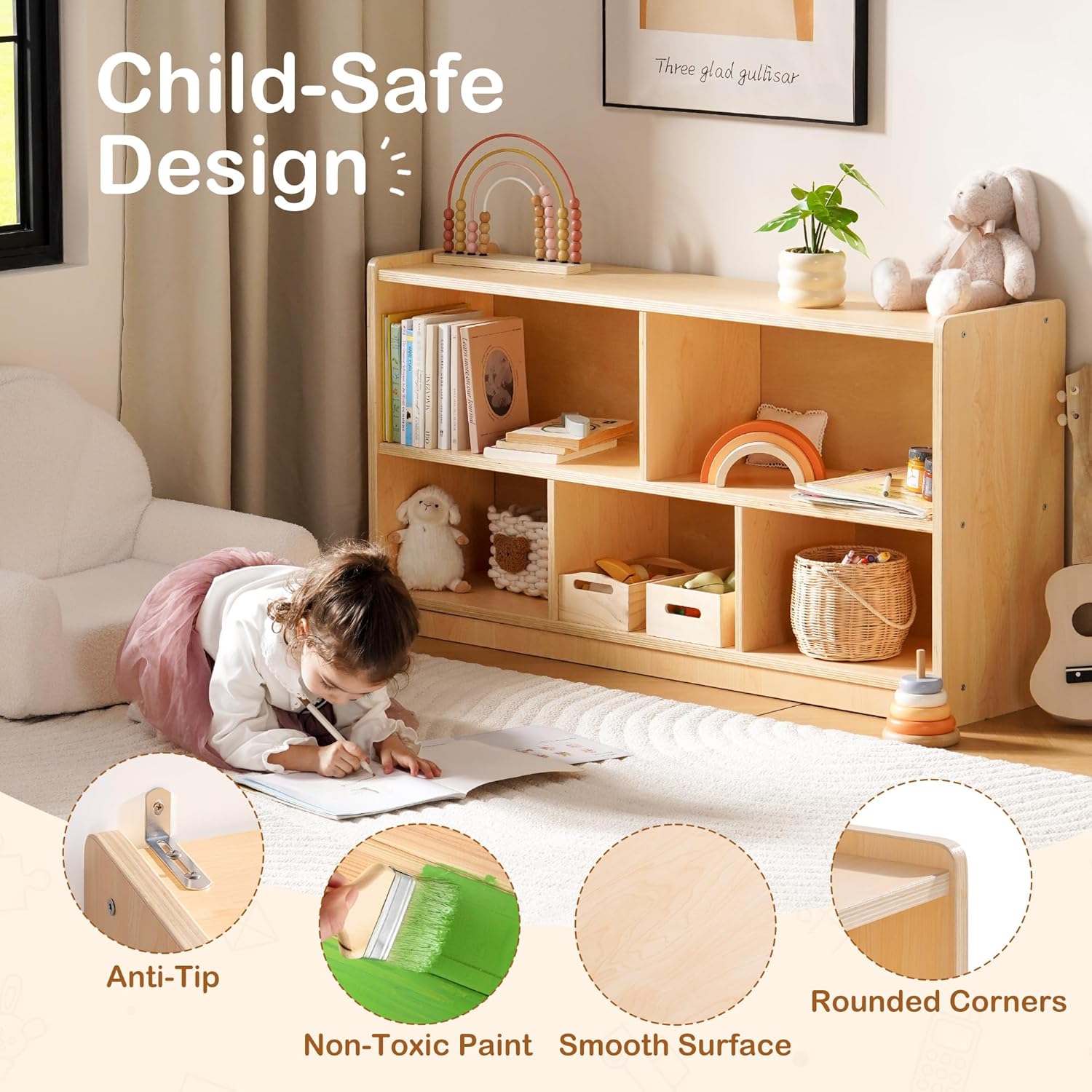 ROBUD Wooden Toy Storage Organizer, 5-Compartment Montessori Shelf with Anti-tip Kit, Wooden Storage Cabinet for Kids Room, Bedroom, Playroom, Nursery, Preschool, 44.9" x 23.6" x 11.8"