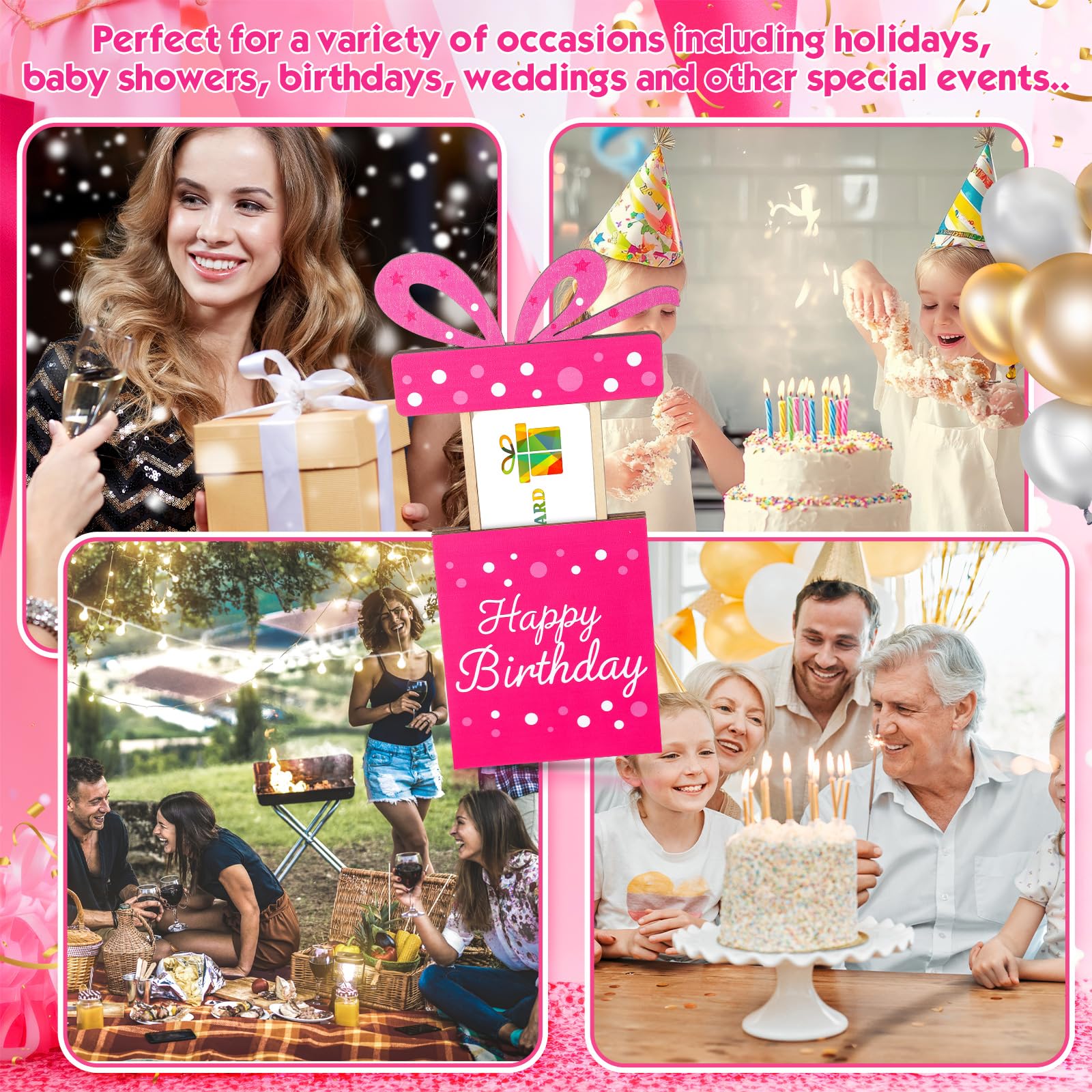 Kathfly Cheerful Birthday Gift Card Holders, Wooden Gift Cardholder Pull Out, and Cute Card Holder to Decorate Gifts for Wedding Birthday Note Cards and Business Cards(Pink)