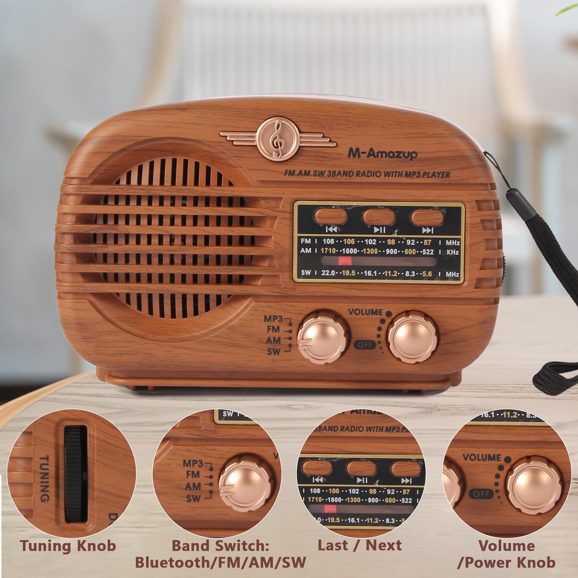 Radios portables AM FM SW, radio rétro avec haut-parleur, radio transistor Bluetooth 5.3, alimentée par batterie rechargeable, TWS, prend en charge carte TF/MP3/USB, cadeaux pour seniors