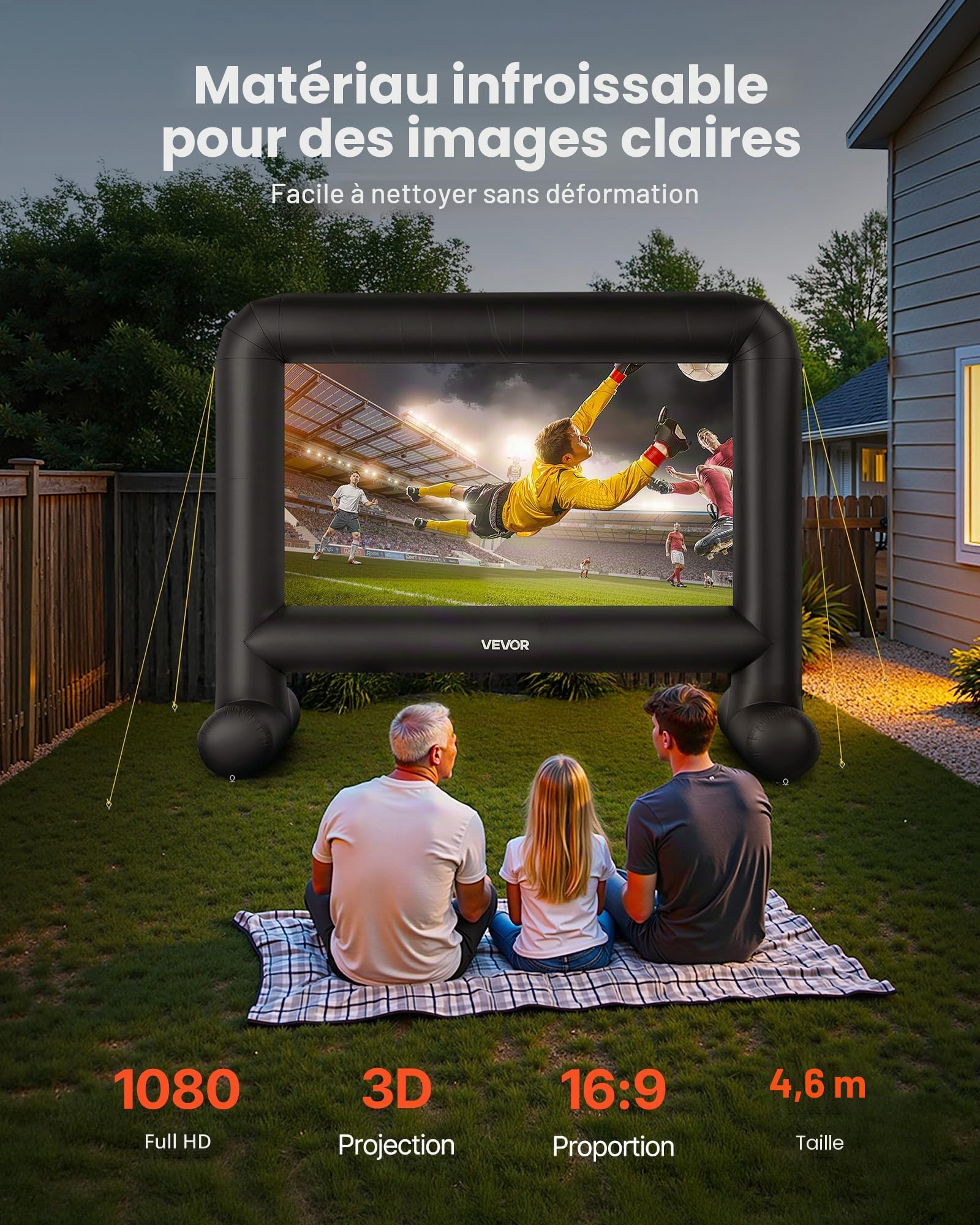 VEVOR Écran de Projection Gonflable 457 cm 16:9 600D Lavable Sac de Rangement Portable