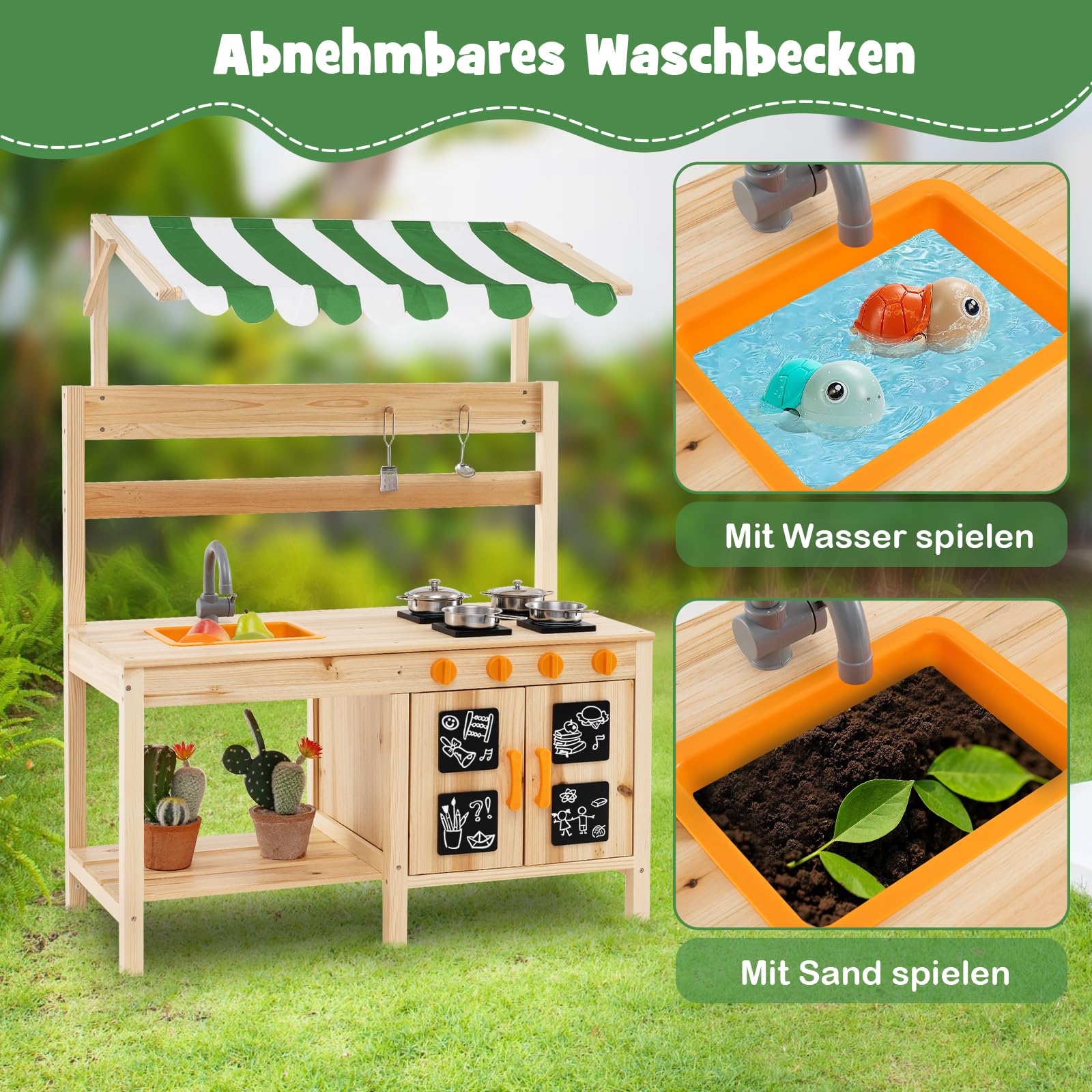 DREAMADE Matschküche Kinder Outdoor, Outdoorküche mit 4 Herd & Waschbecken & Tafel, Gartenküche, Outdoor Küche Kinderküche aus Tannenholz mit Zubehör für Kinder ab 3 Jahren