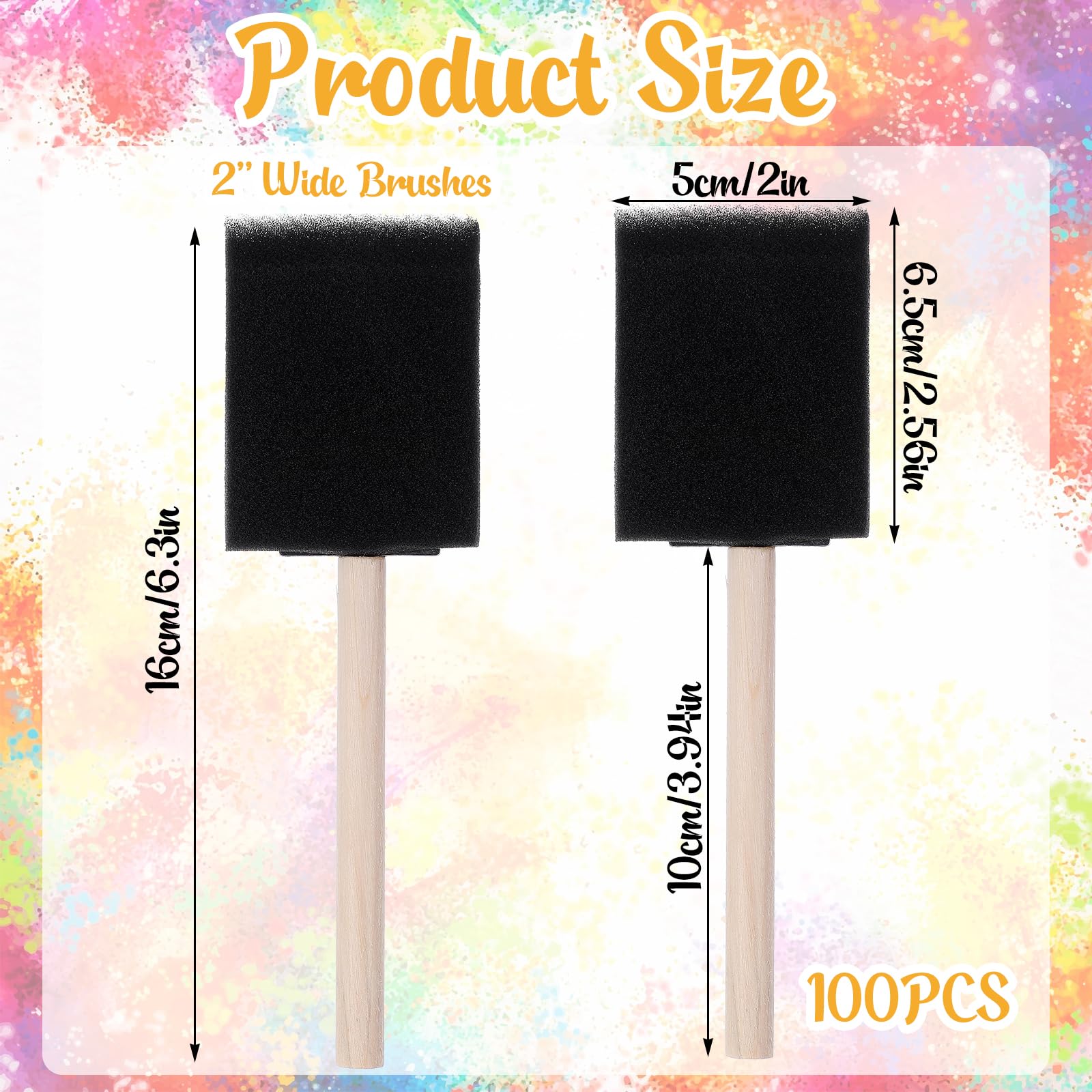 Lot de 100 pinceaux en mousse de 5,1 cm pour peinture, pinceau en mousse noire avec manche en bois pour acrylique, teinture, vernis, loisirs créatifs