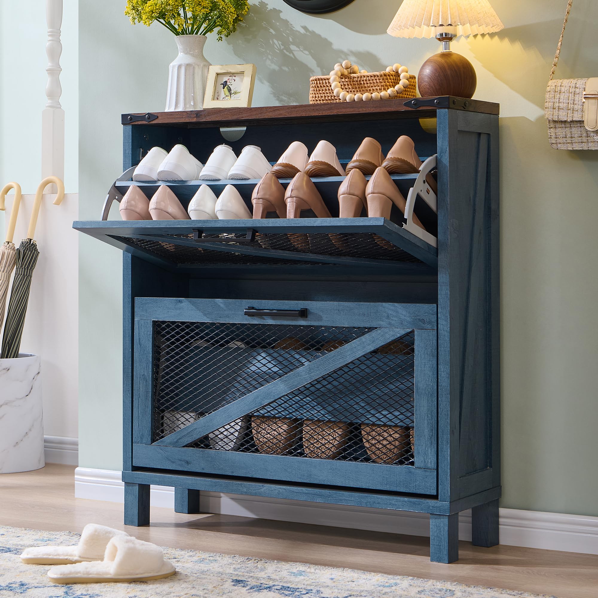 JXQTLINGMU Shoe Cabinet with 2 Flip Drawers, Farmhouse Shoe Storage Cabinet with Mesh Doors and Adjustable Shelves, Rustic Wooden Shoe Organizer,