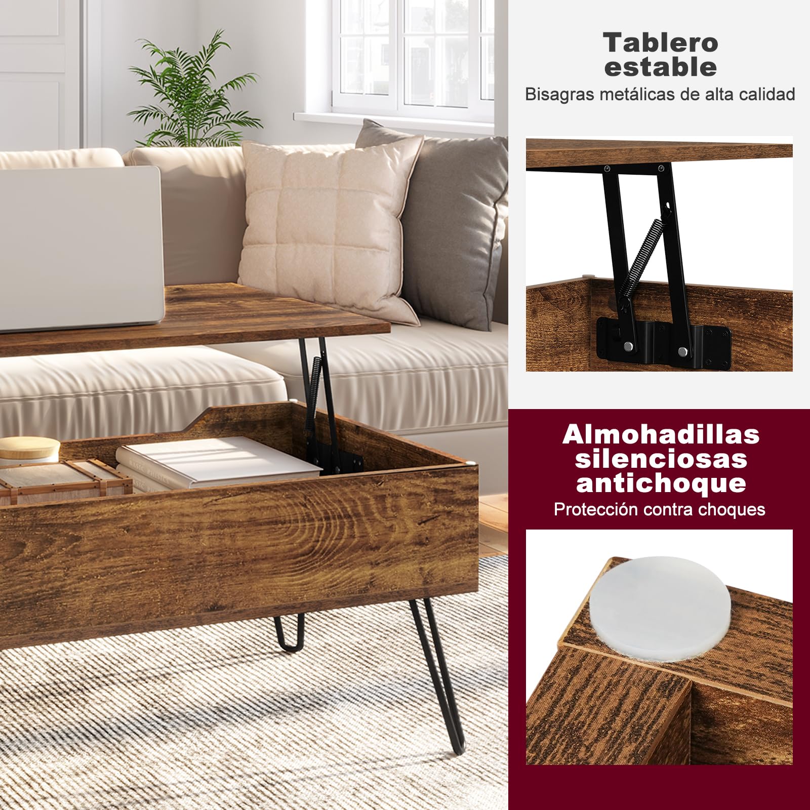 WOLTU Mesa de Centro Elevable y Extensible con Espacio Interno, Auxiliar con Patas Metálicas para Salón, 95x50x(40-55,5) cm, Madera Vintage, BTS18hov