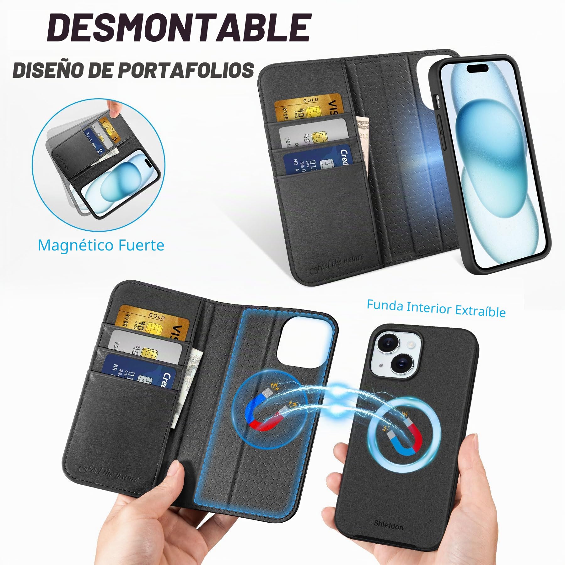 SHIELDON Funda Cartera de Cuero Genuino para iPhone 15 6,1" 5G 2023, Negro