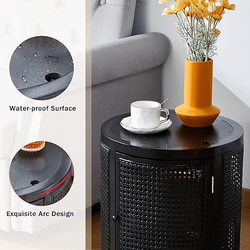 Miniatura 6 de AVZEAR Mesa auxiliar redonda, mesa auxiliar de ratán con almacenamiento, mesa auxiliar de 15.74 pulgadas con 2 estantes de almacenamiento, mesita de