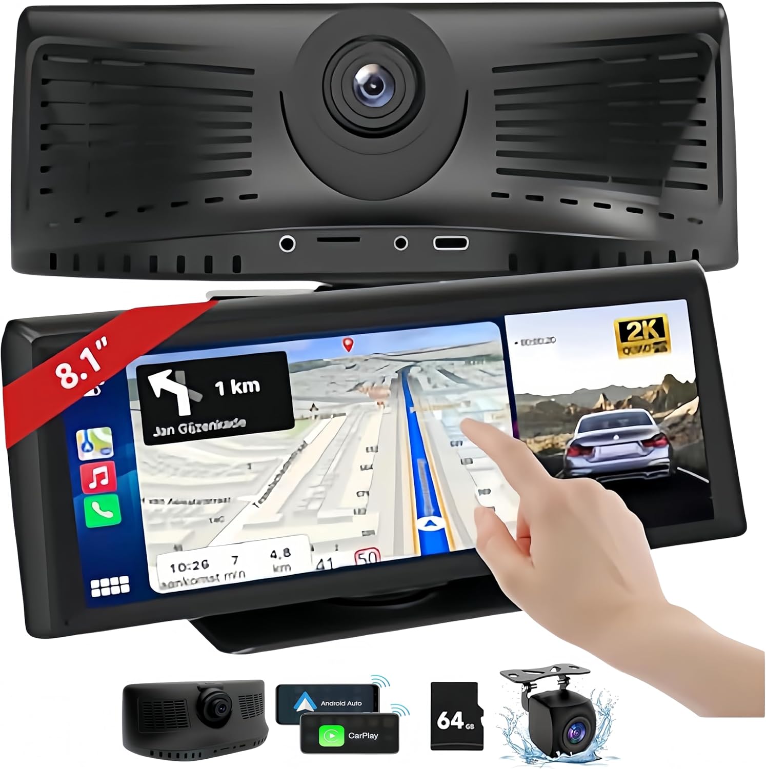 Portable Wireless Carplay Screen for Car with Dash Cam & 1080P Backup Camera, 8.1" Touch Screen Car Stereo with Apple Carplay & Android Auto, BT/FM/AUX/GPS Nav/Mirror Link/Voice Control