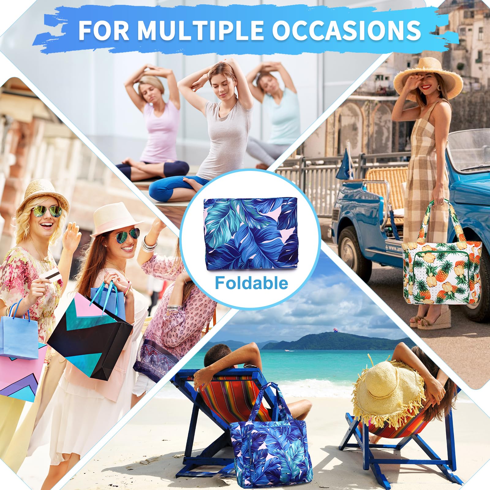 Chase Chic Bolsa de Playa Grande Familiar para Mujer con Cremallera, Impermeable, 8 Bolsillos - Bolso Tote Plegable para Playa, Piscina, Viaje, Gimnasio Hoja de Plátano Azul
